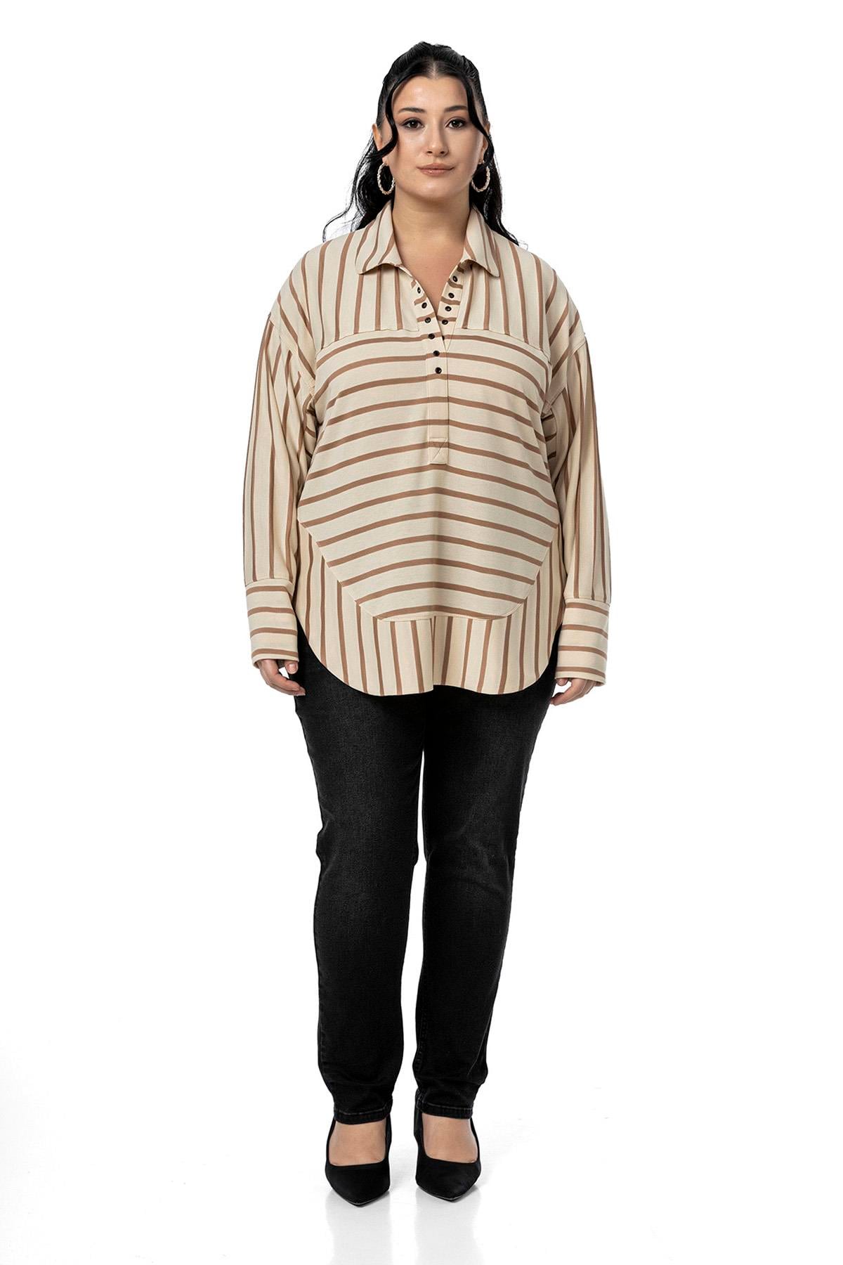 Plus Size Eyelet Detailed V Neck Wide Cut Mink Striped Blouse