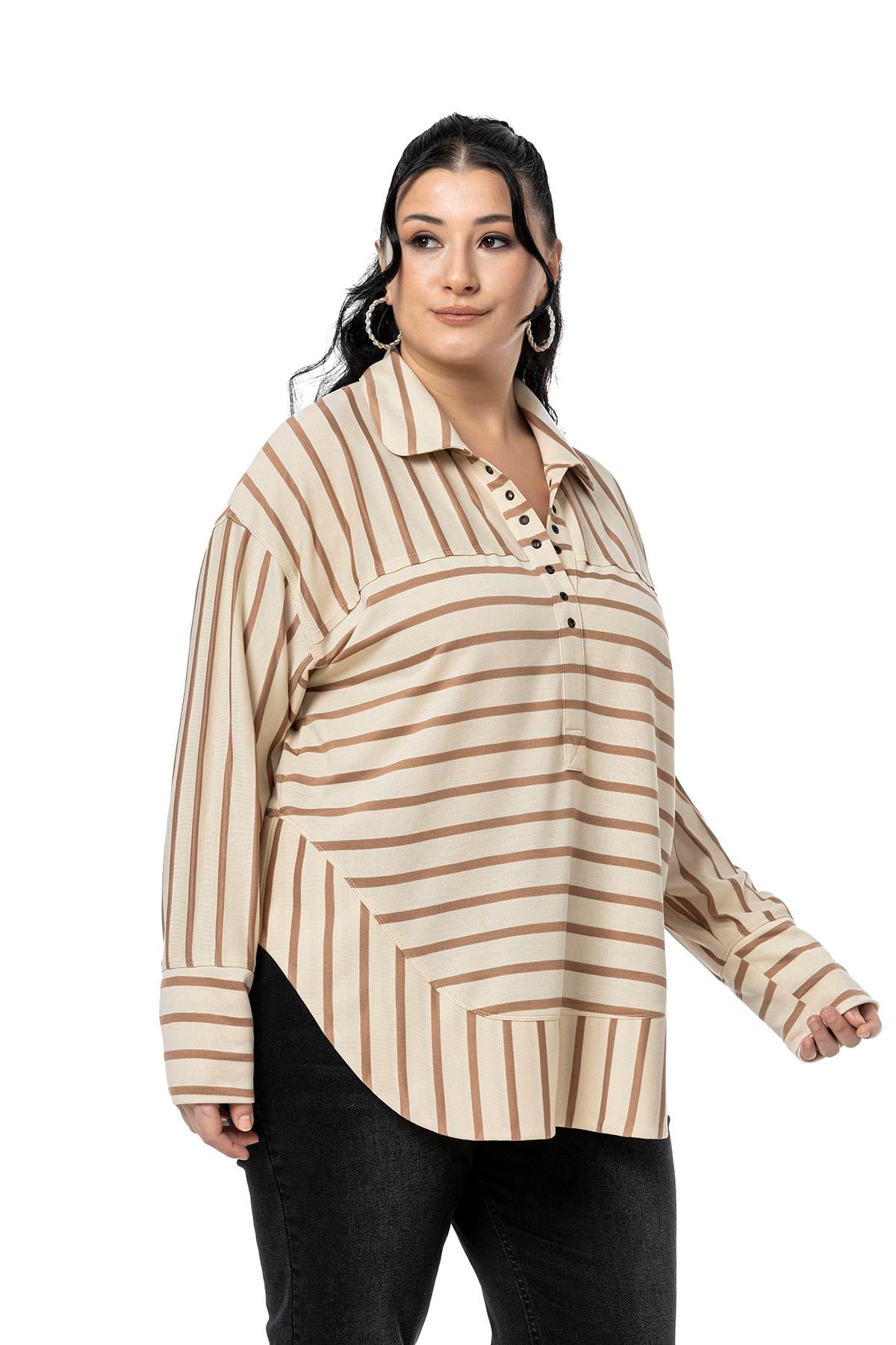 Plus Size Eyelet Detailed V Neck Wide Cut Mink Striped Blouse