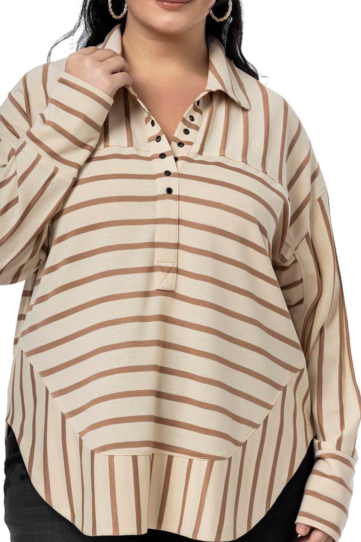 Plus Size Eyelet Detailed V Neck Wide Cut Mink Striped Blouse