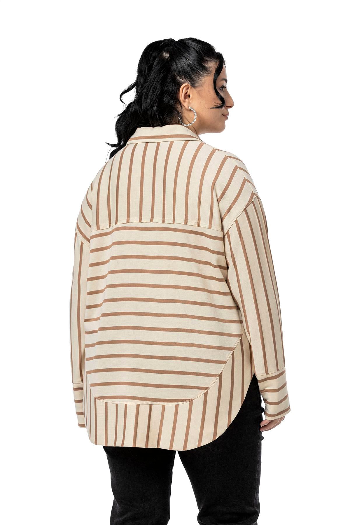 Plus Size Eyelet Detailed V Neck Wide Cut Mink Striped Blouse