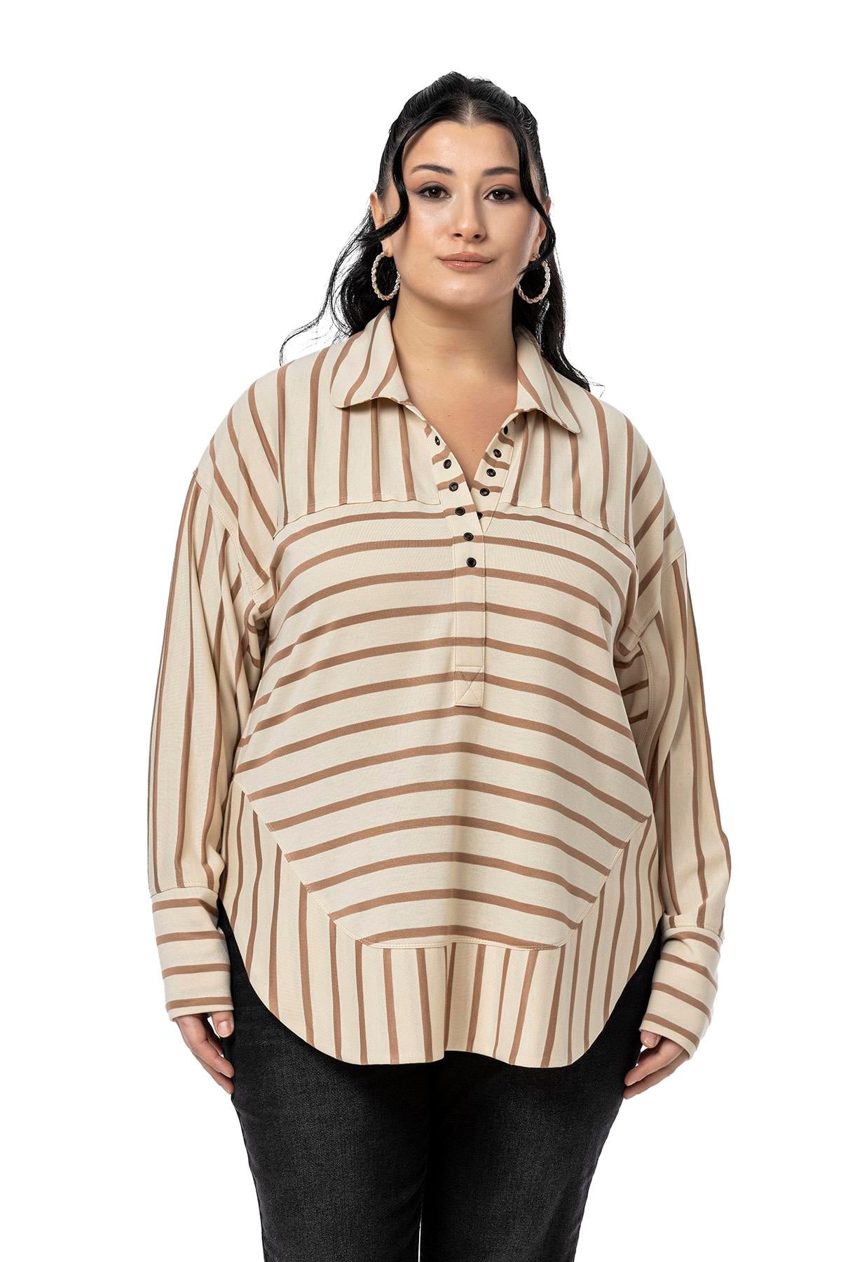 Plus Size Eyelet Detailed V Neck Wide Cut Mink Striped Blouse