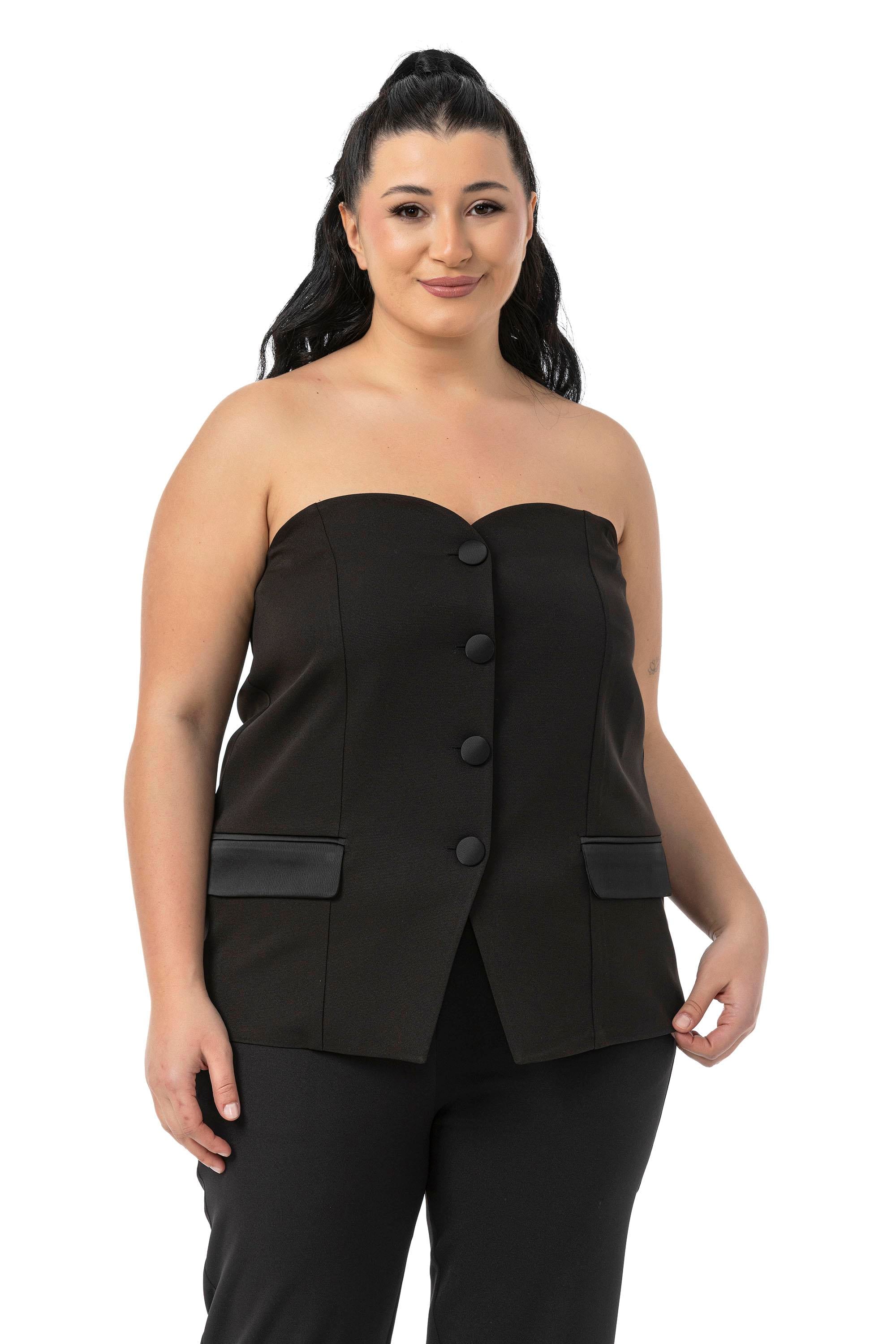 Büyük Beden Saten Süs Cep Kapaklı ve Saten Kaplama Düğmeli Sırtı Lastikli Siyah Büstiyer
