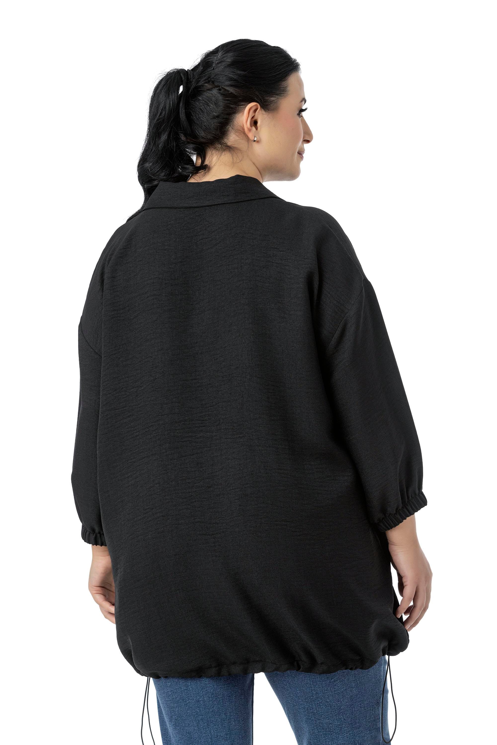 Plus Size Three Quarter Sleeve Pocket Detailed Skirt Stopper Gathered Black Blouse