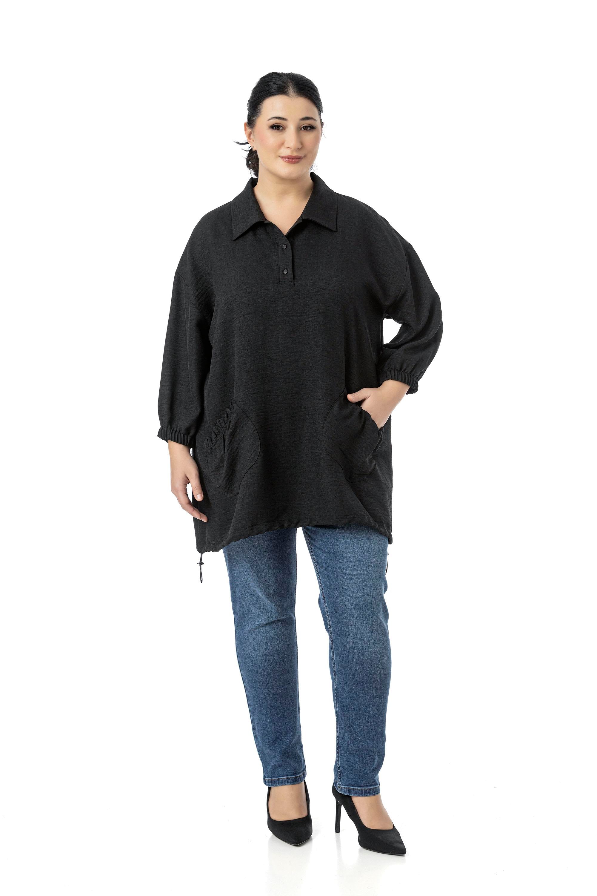 Plus Size Three Quarter Sleeve Pocket Detailed Skirt Stopper Gathered Black Blouse