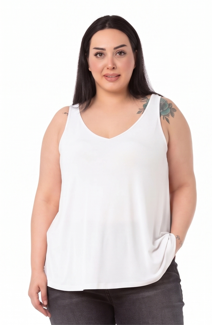 Büyük Beden V Yaka Kloş Kesim Beyaz Bluz
