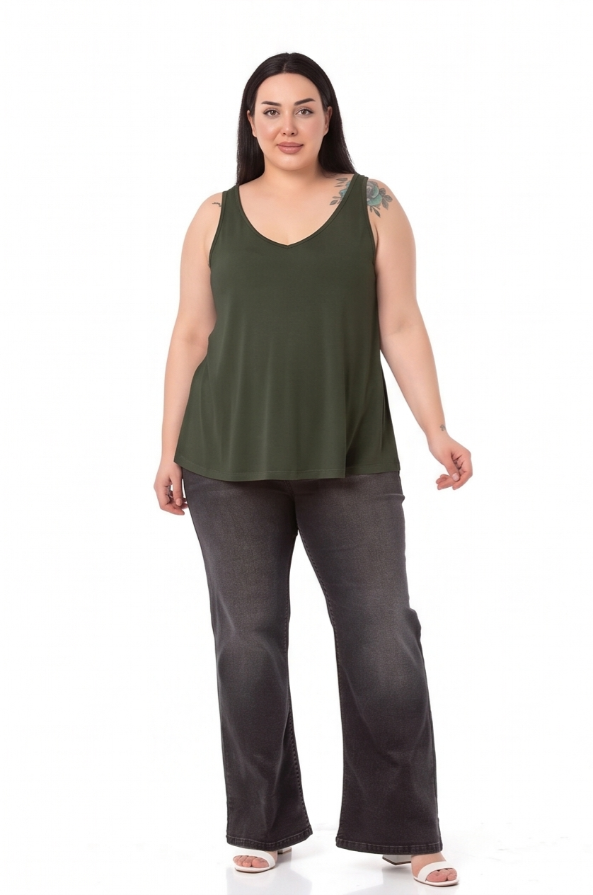 Büyük Beden V Yaka Kloş Kesim Haki Bluz