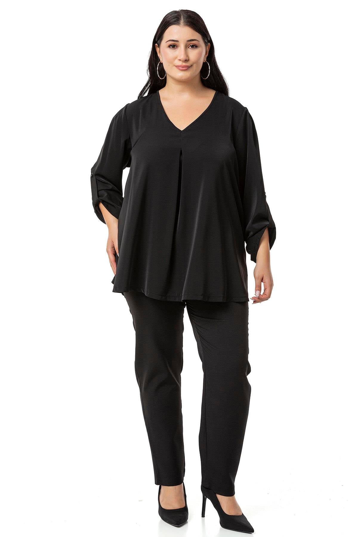 Plus Size V Neck Front Pleated Folded Sleeve Black Blouse