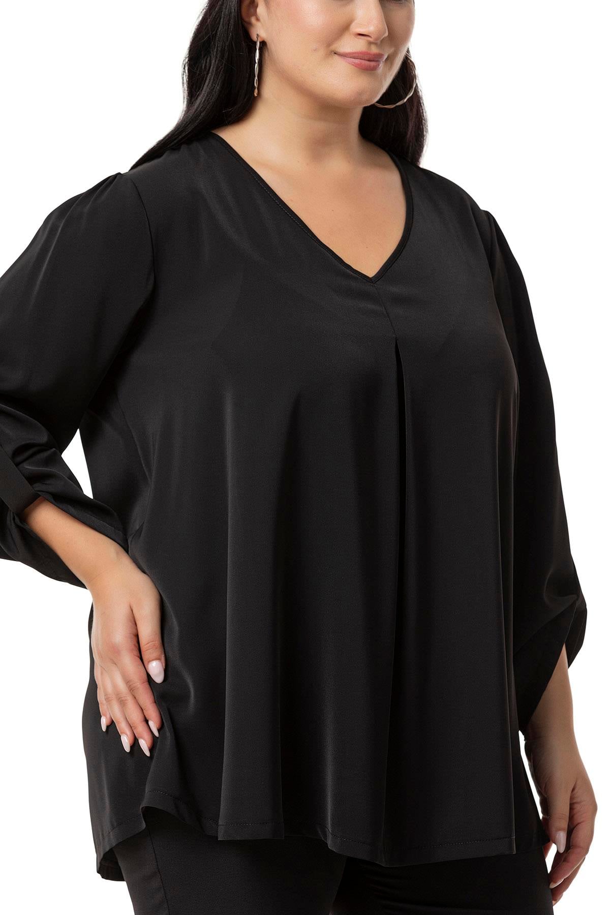 Plus Size V Neck Front Pleated Folded Sleeve Black Blouse