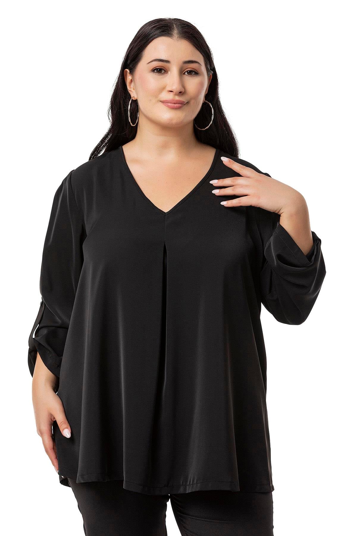 Plus Size V Neck Front Pleated Folded Sleeve Black Blouse