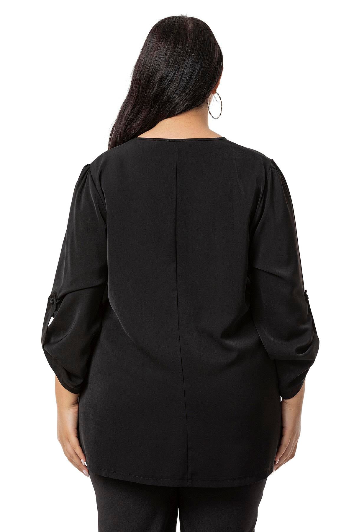 Plus Size V Neck Front Pleated Folded Sleeve Black Blouse