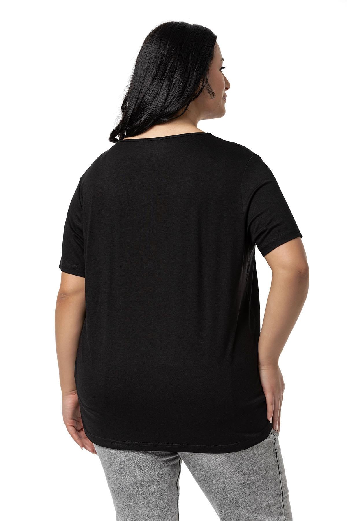 Plus Size V Neck Half Sleeve Lace Collar Black Blouse