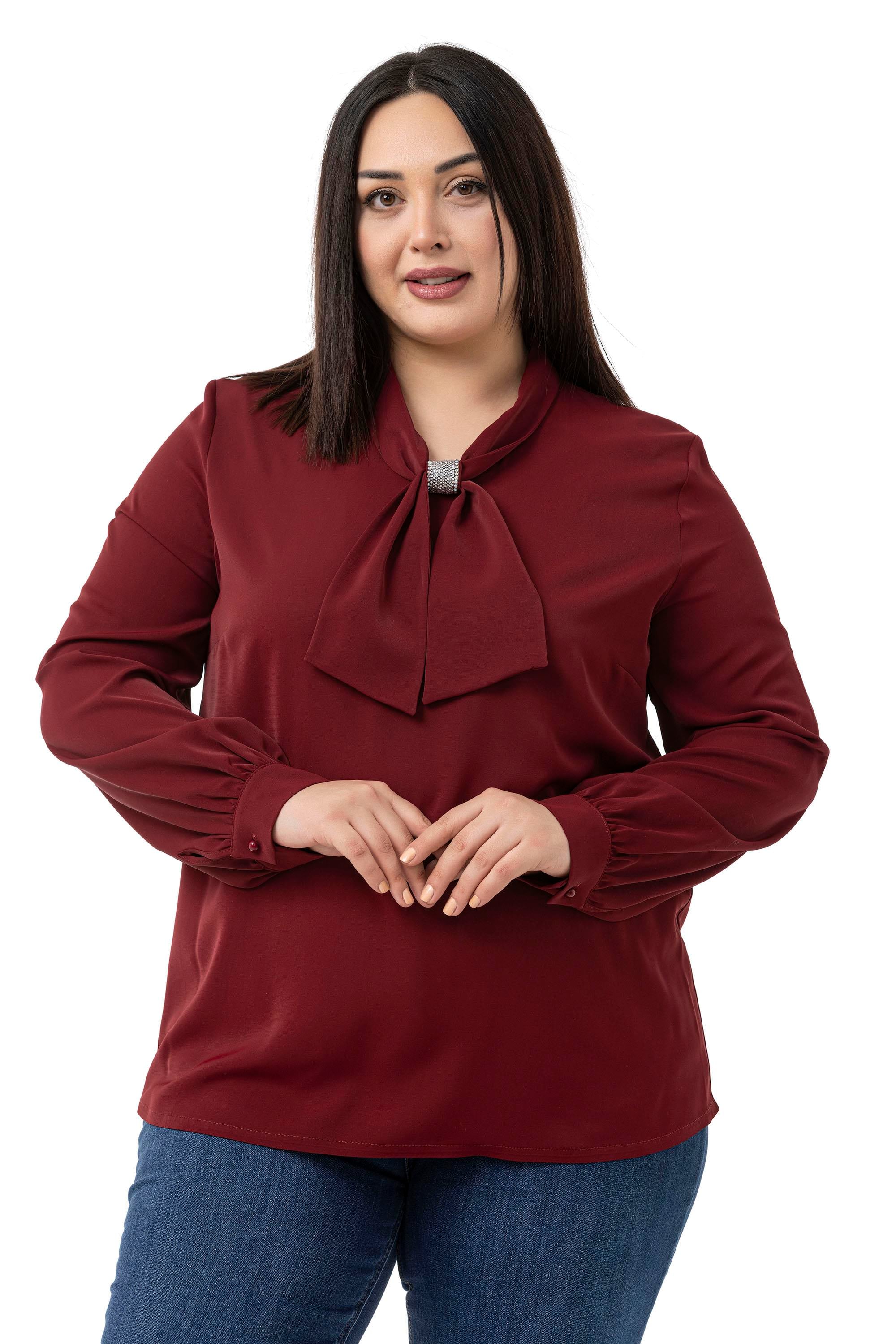 Büyük Beden Yakada Pırıltı Detaylı Manşetli Bordo Bluz