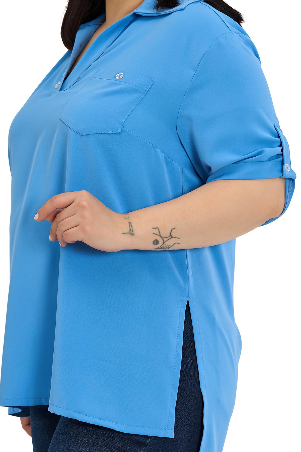 Büyük Beden Yakası Düğme ve Pat Detaylı Kolu Apoletli İndigo Bluz