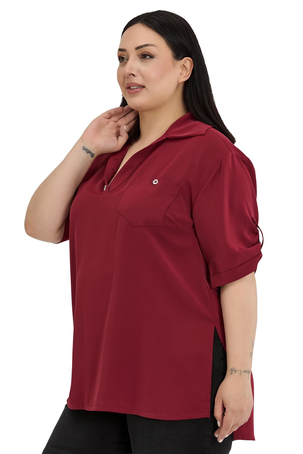Büyük Beden Yakası Düğme ve Pat Detaylı Kolu Apoletli Bordo Bluz