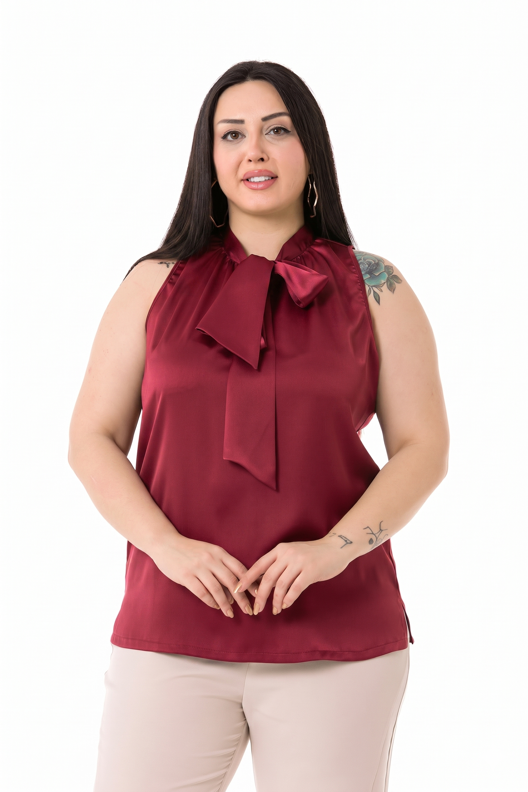 Büyük Beden Yakası Fularlı Yanı Yırtmaçlı Saten Bordo Bluz