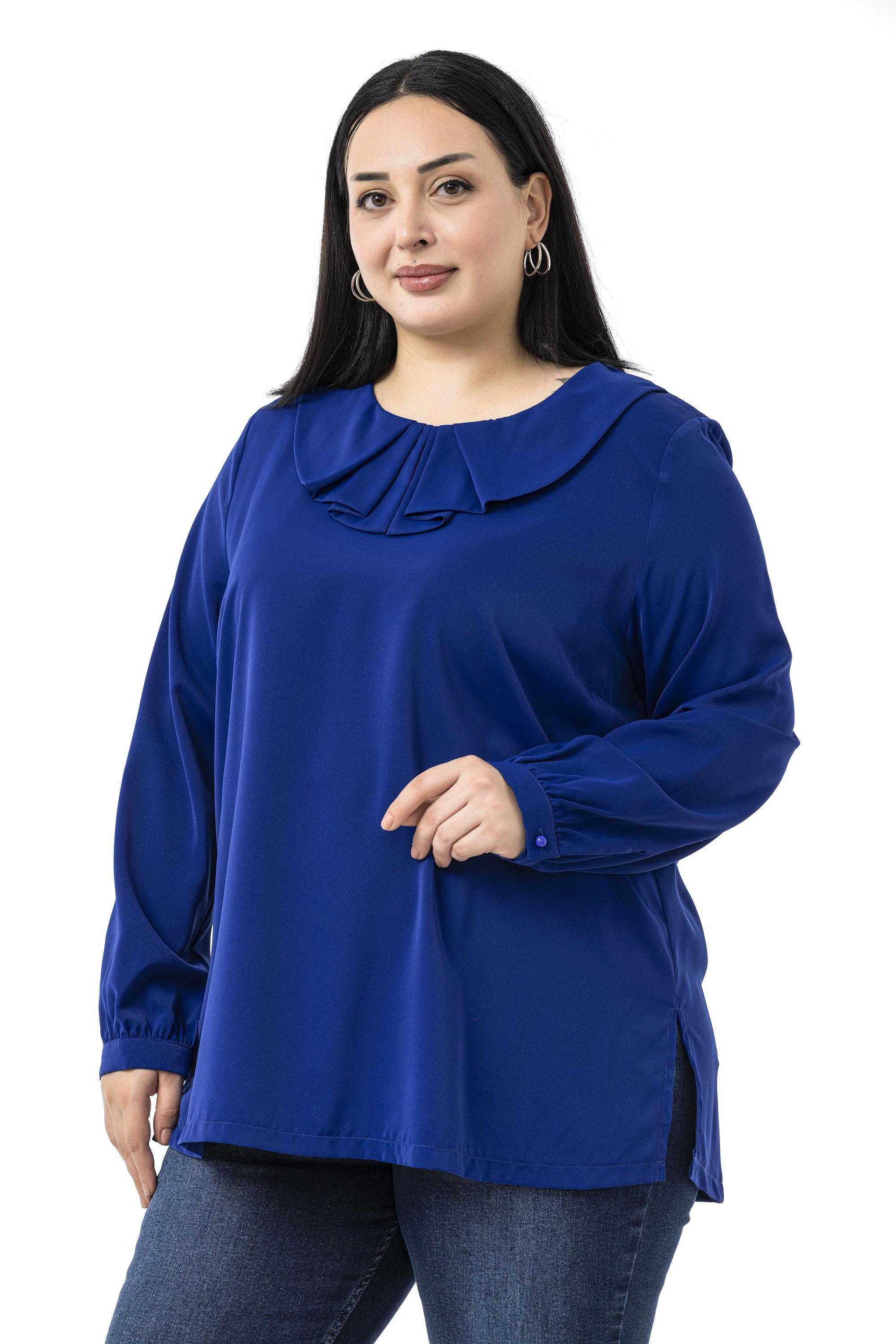 Büyük Beden Yakası Pileli Yanları Yırtmaçlı Saks Mavi Bluz