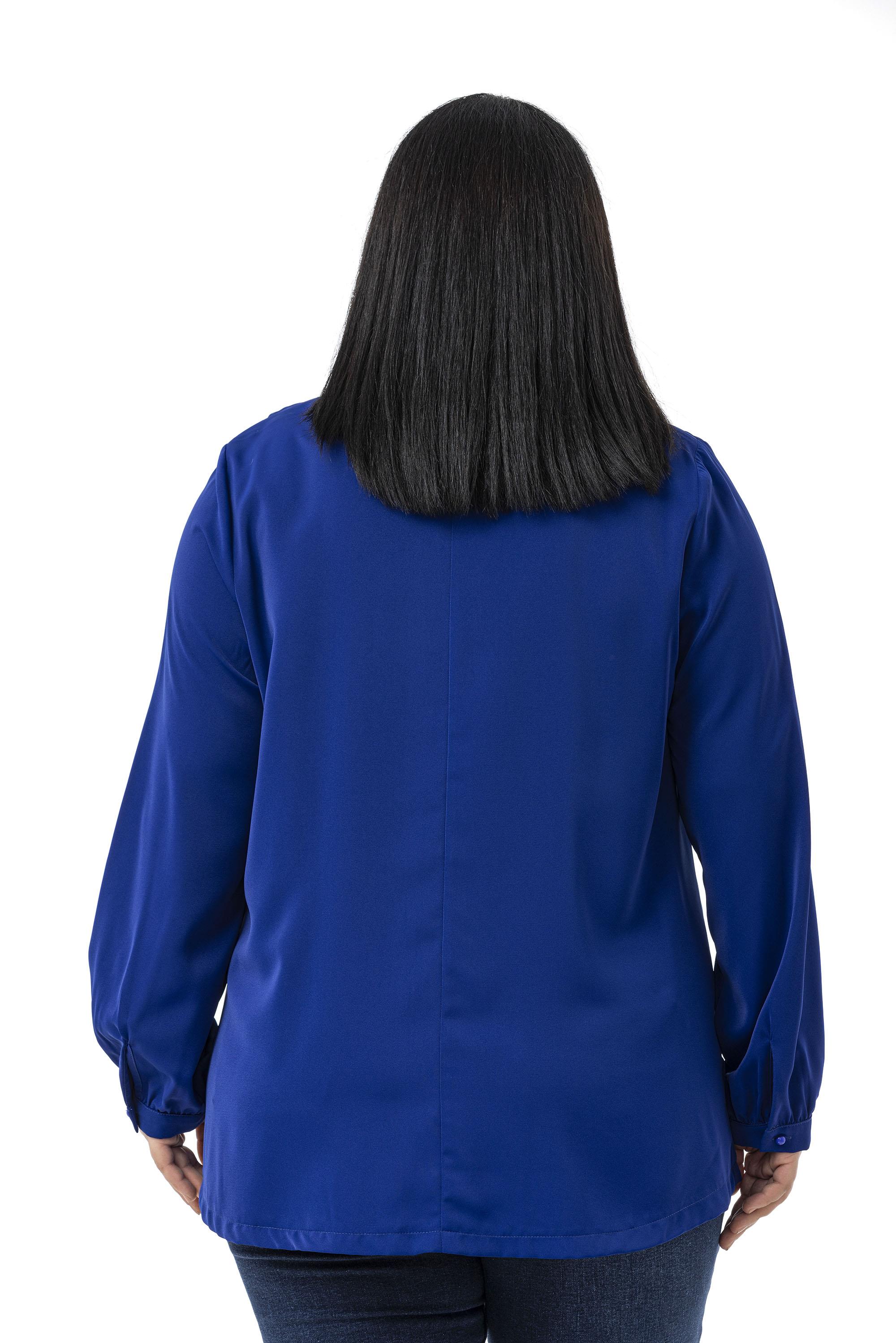 Büyük Beden Yakası Pileli Yanları Yırtmaçlı Saks Mavi Bluz