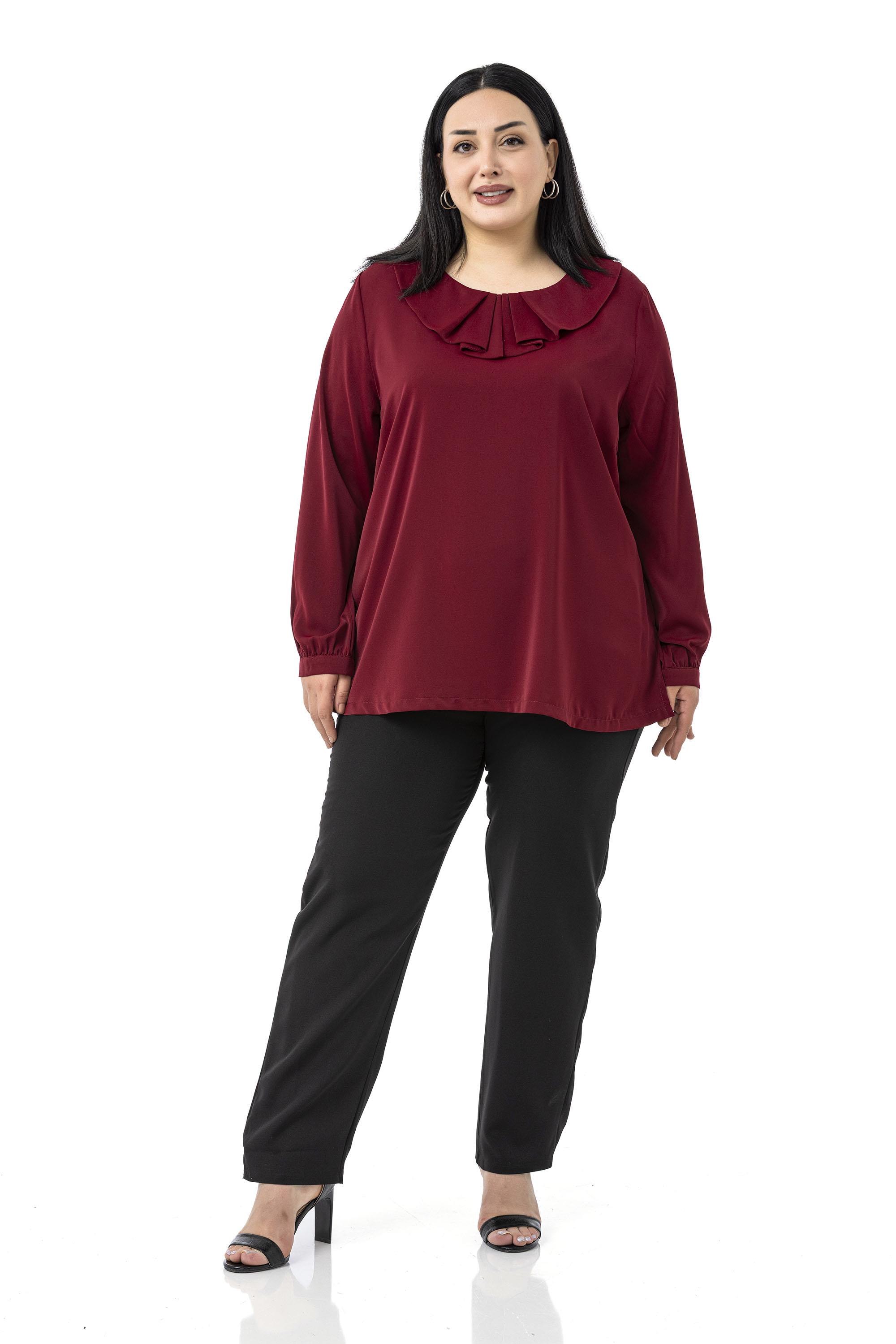Büyük Beden Yakası Pileli Yanları Yırtmaçlı Bordo Bluz