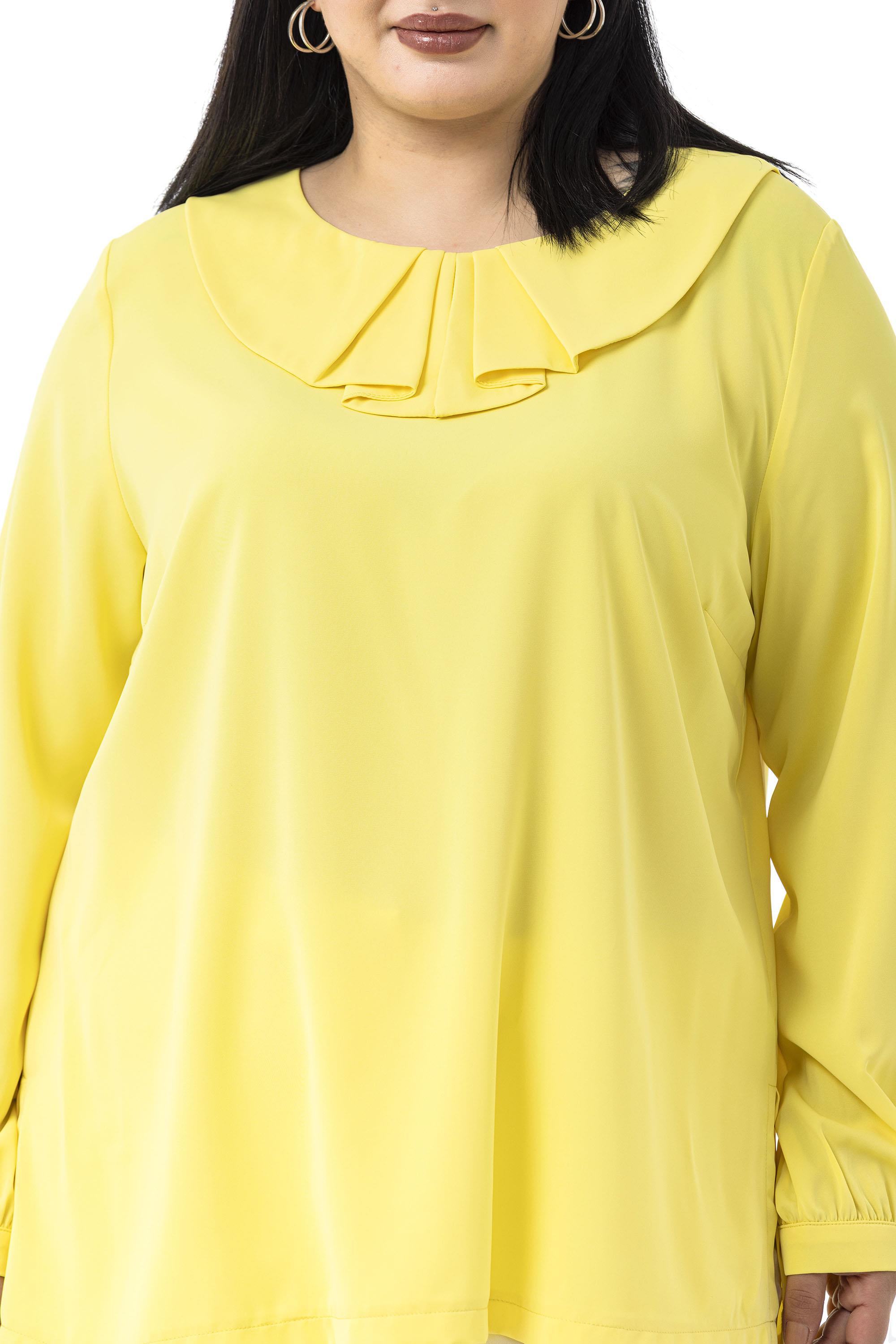 Büyük Beden Yakası Pileli Yanları Yırtmaçlı Sarı Bluz