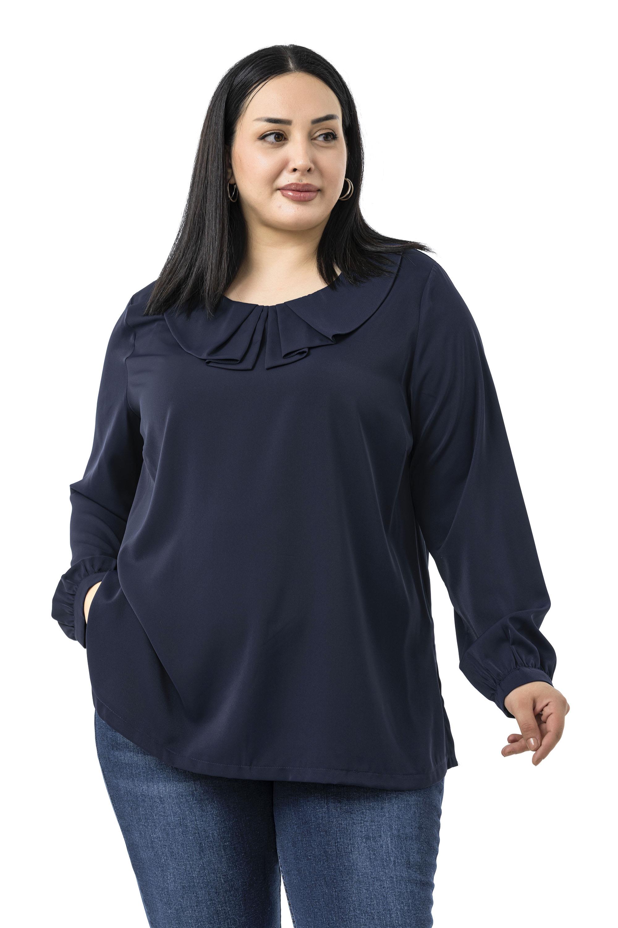 Büyük Beden Yakası Pileli Yanları Yırtmaçlı Lacivert Bluz
