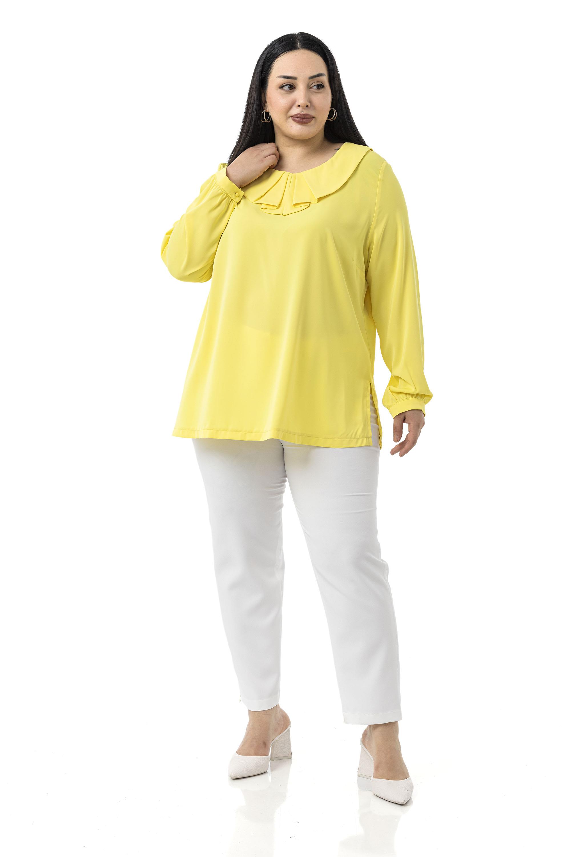 Büyük Beden Yakası Pileli Yanları Yırtmaçlı Sarı Bluz