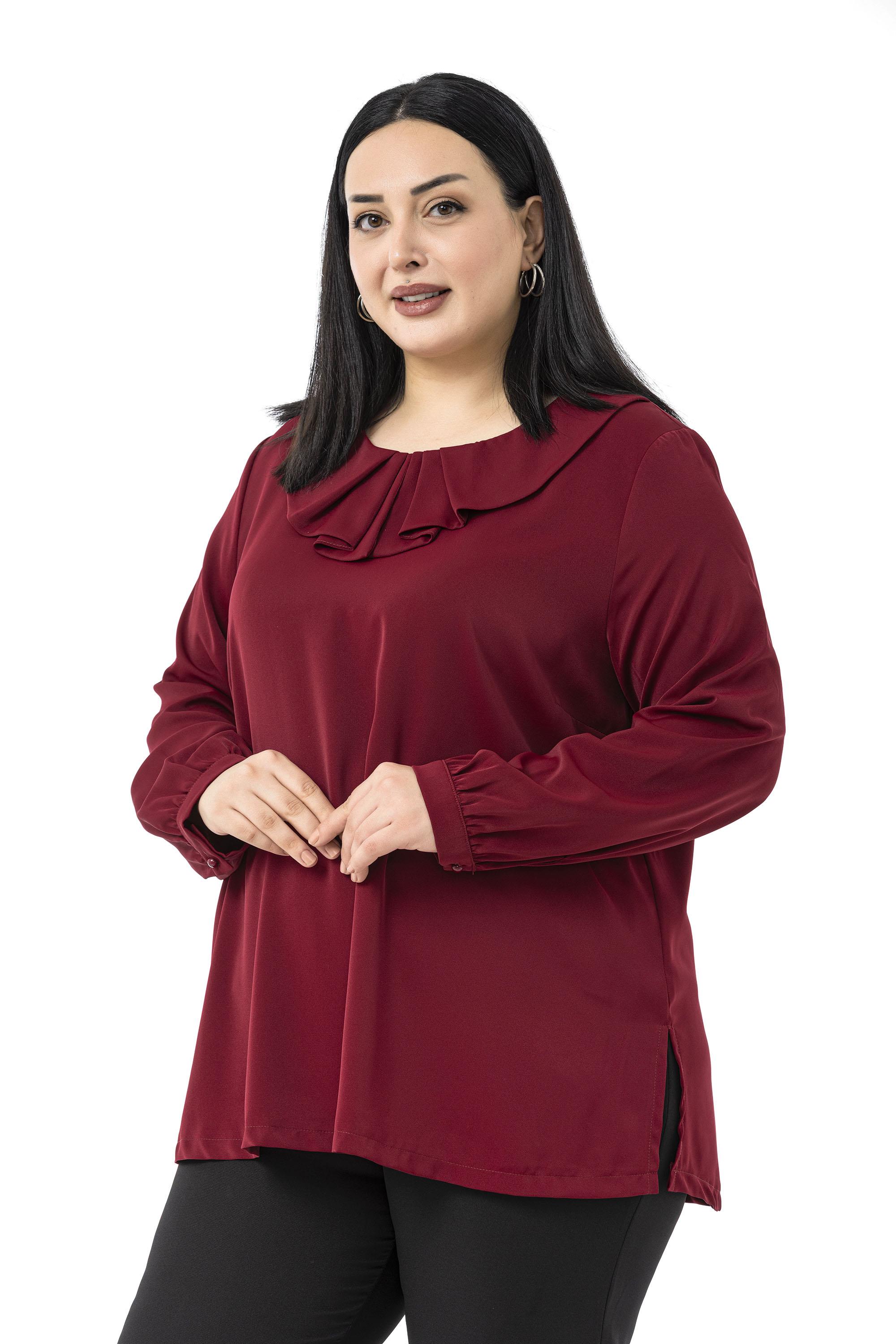 Büyük Beden Yakası Pileli Yanları Yırtmaçlı Bordo Bluz