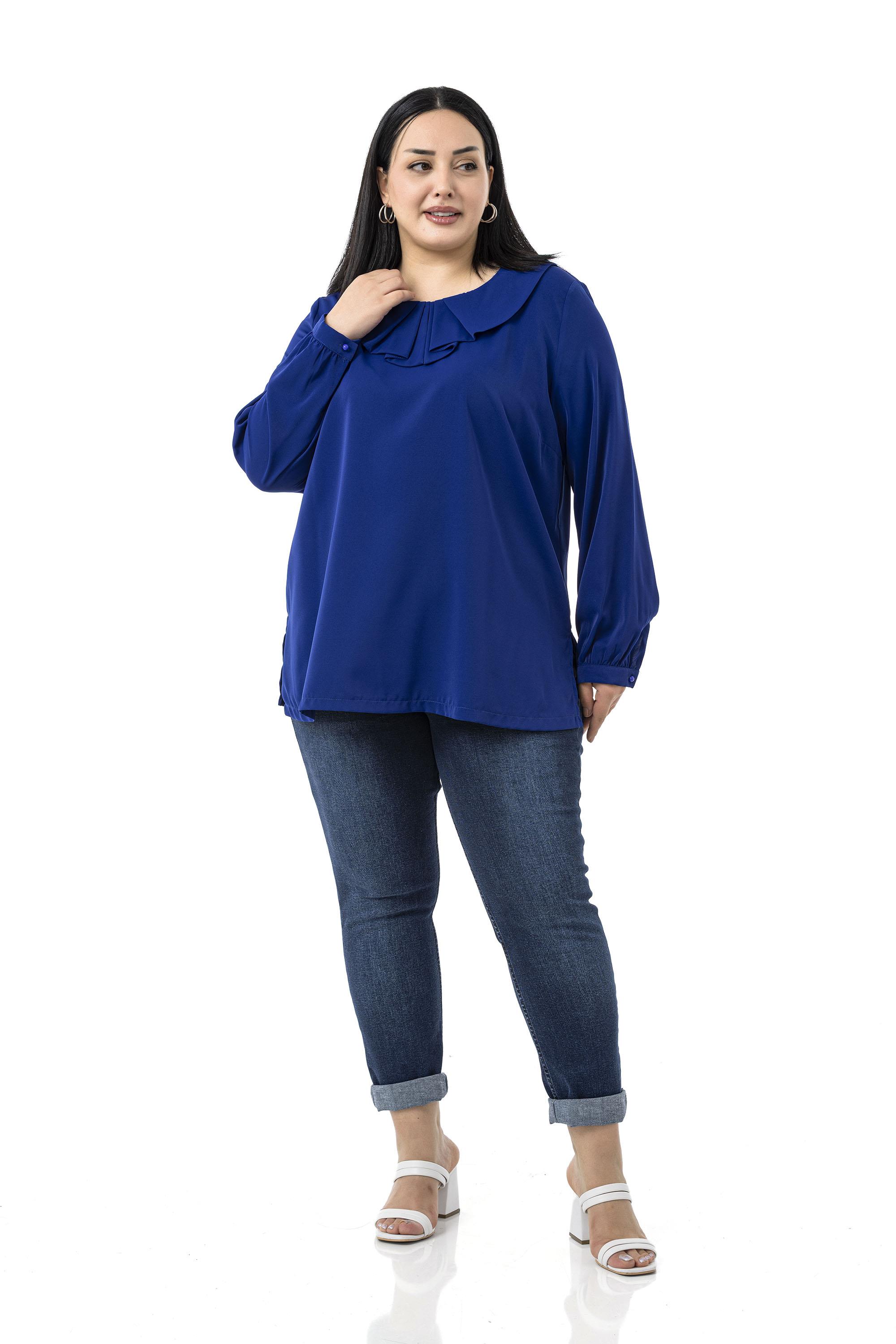 Büyük Beden Yakası Pileli Yanları Yırtmaçlı Saks Mavi Bluz