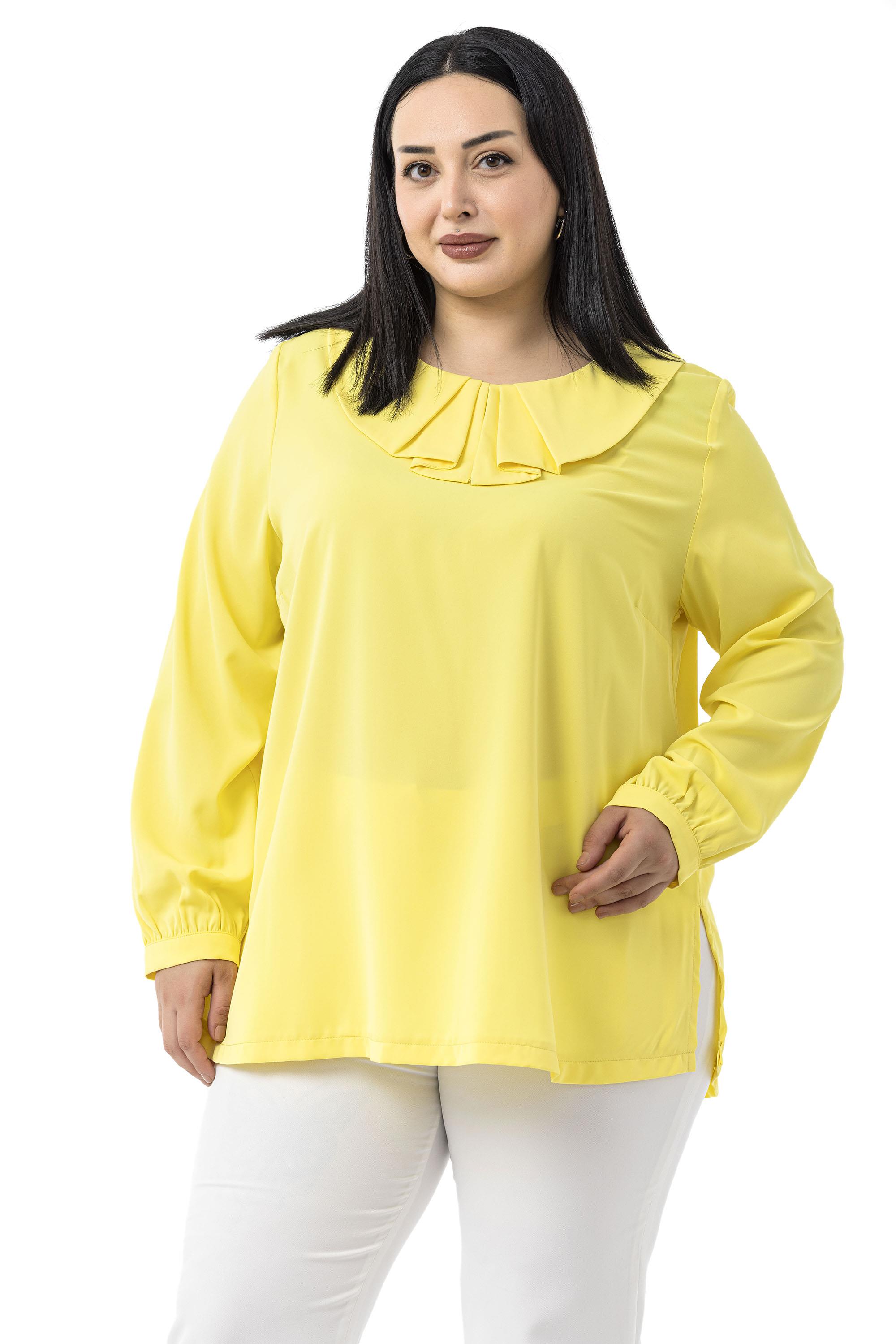 Büyük Beden Yakası Pileli Yanları Yırtmaçlı Sarı Bluz
