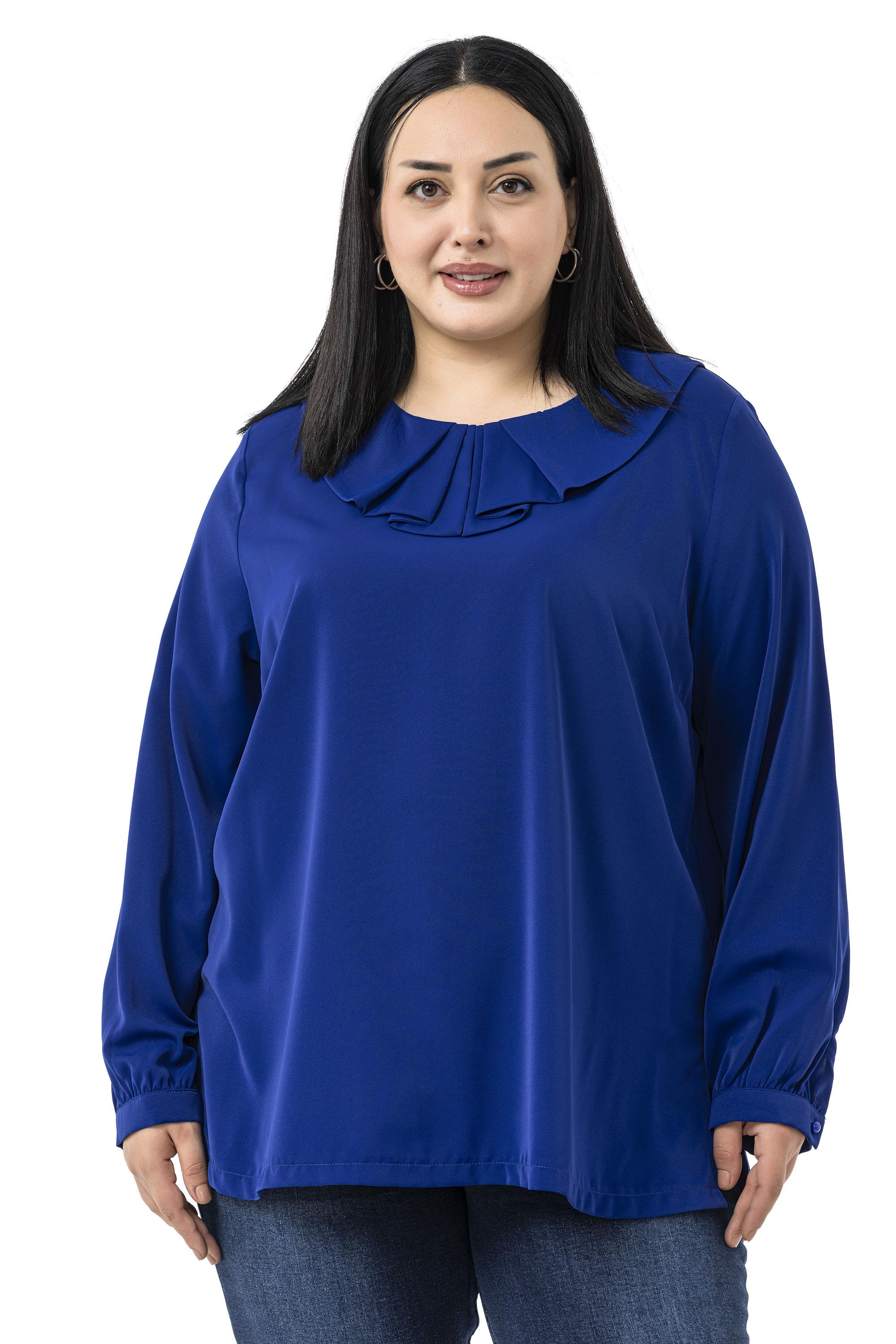 Büyük Beden Yakası Pileli Yanları Yırtmaçlı Saks Mavi Bluz