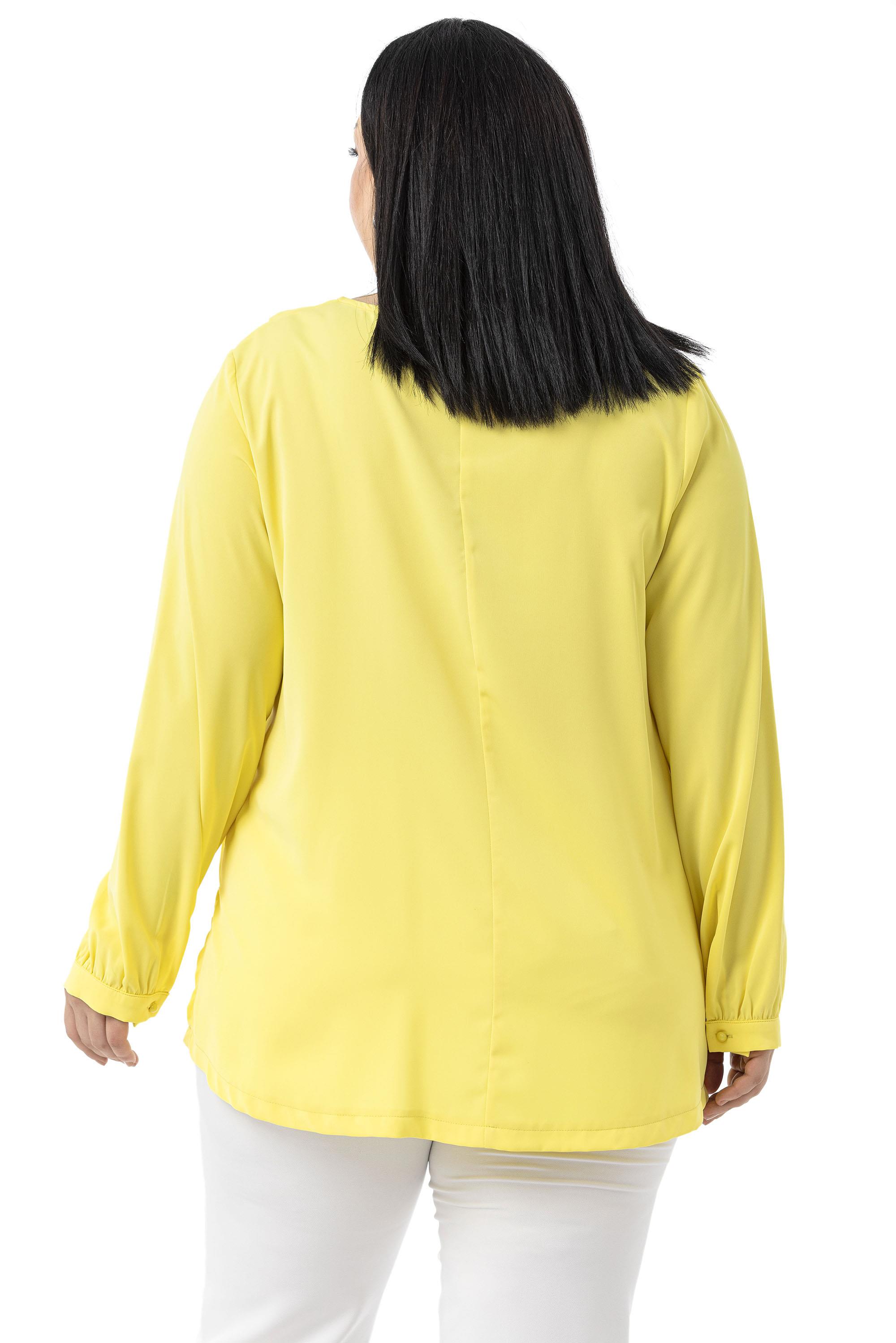 Büyük Beden Yakası Pileli Yanları Yırtmaçlı Sarı Bluz
