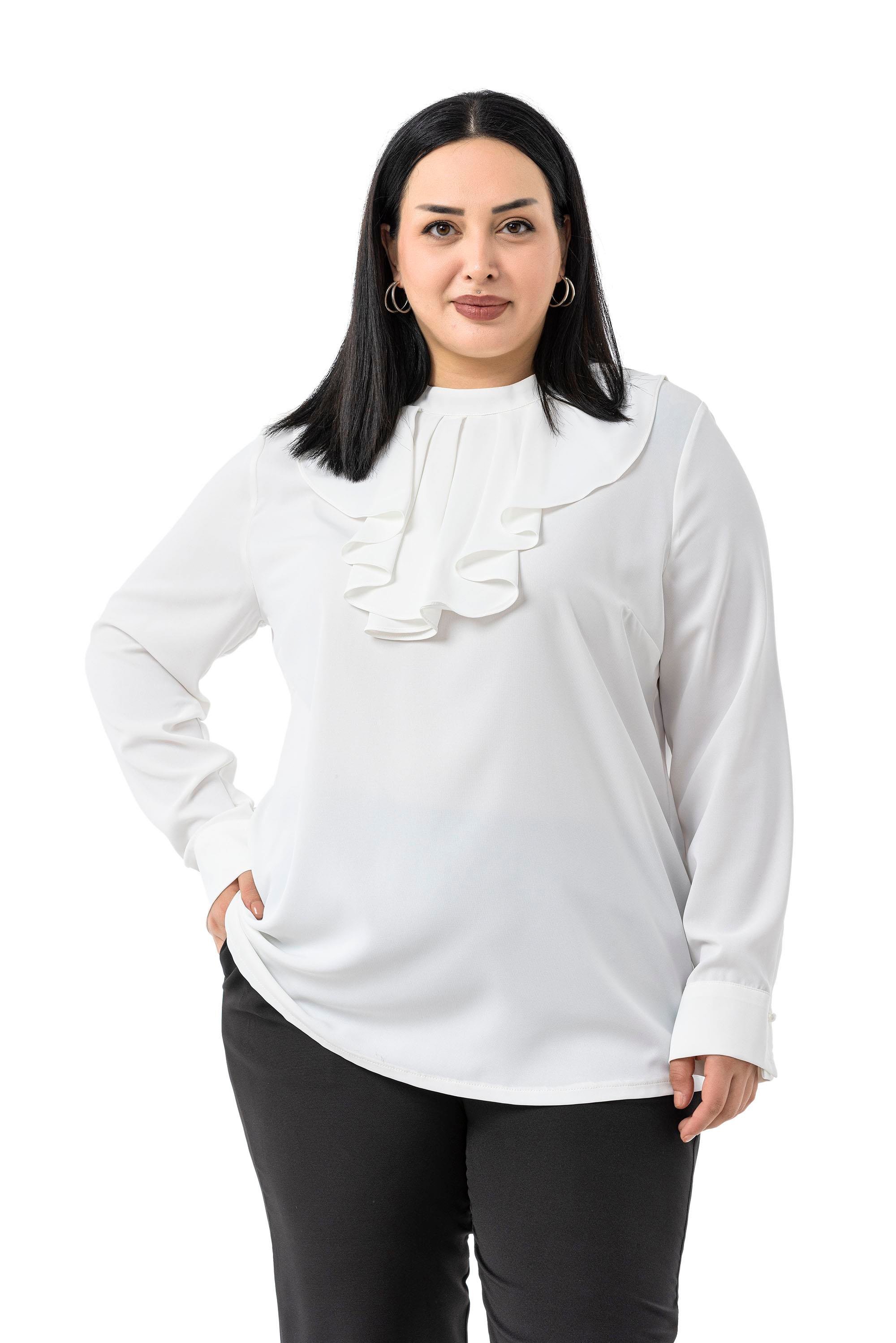 Büyük Beden Yakası Tek Kat Volanlı Manşetli Beyaz Bluz