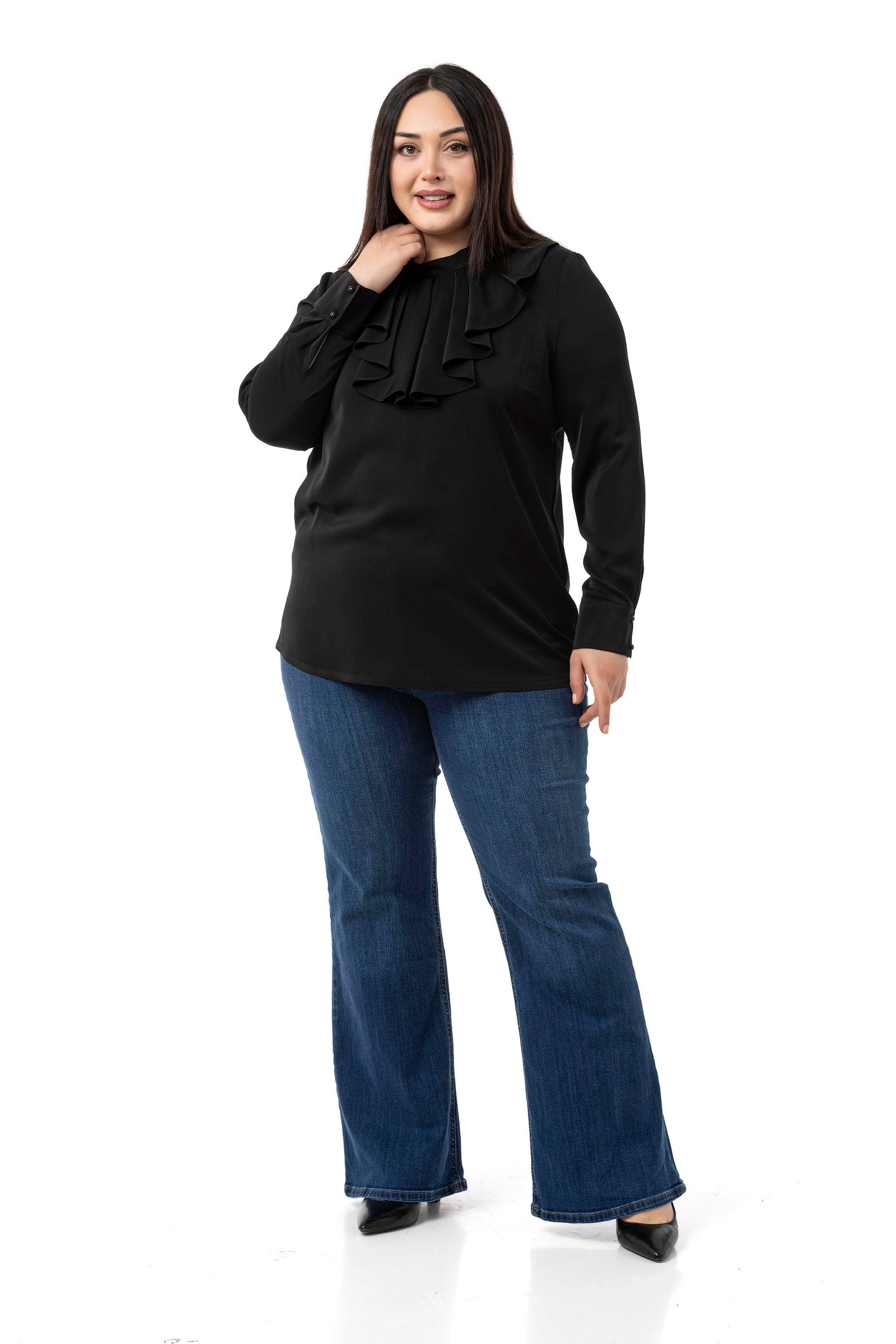 Büyük Beden Yakası Tek Kat Volanlı Manşetli Siyah Bluz