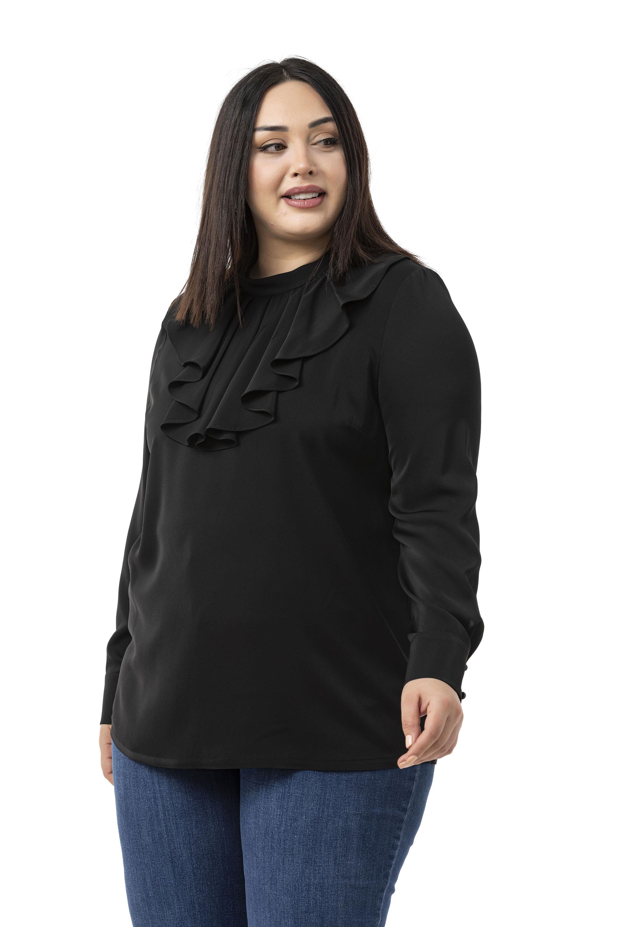 Büyük Beden Yakası Tek Kat Volanlı Manşetli Siyah Bluz