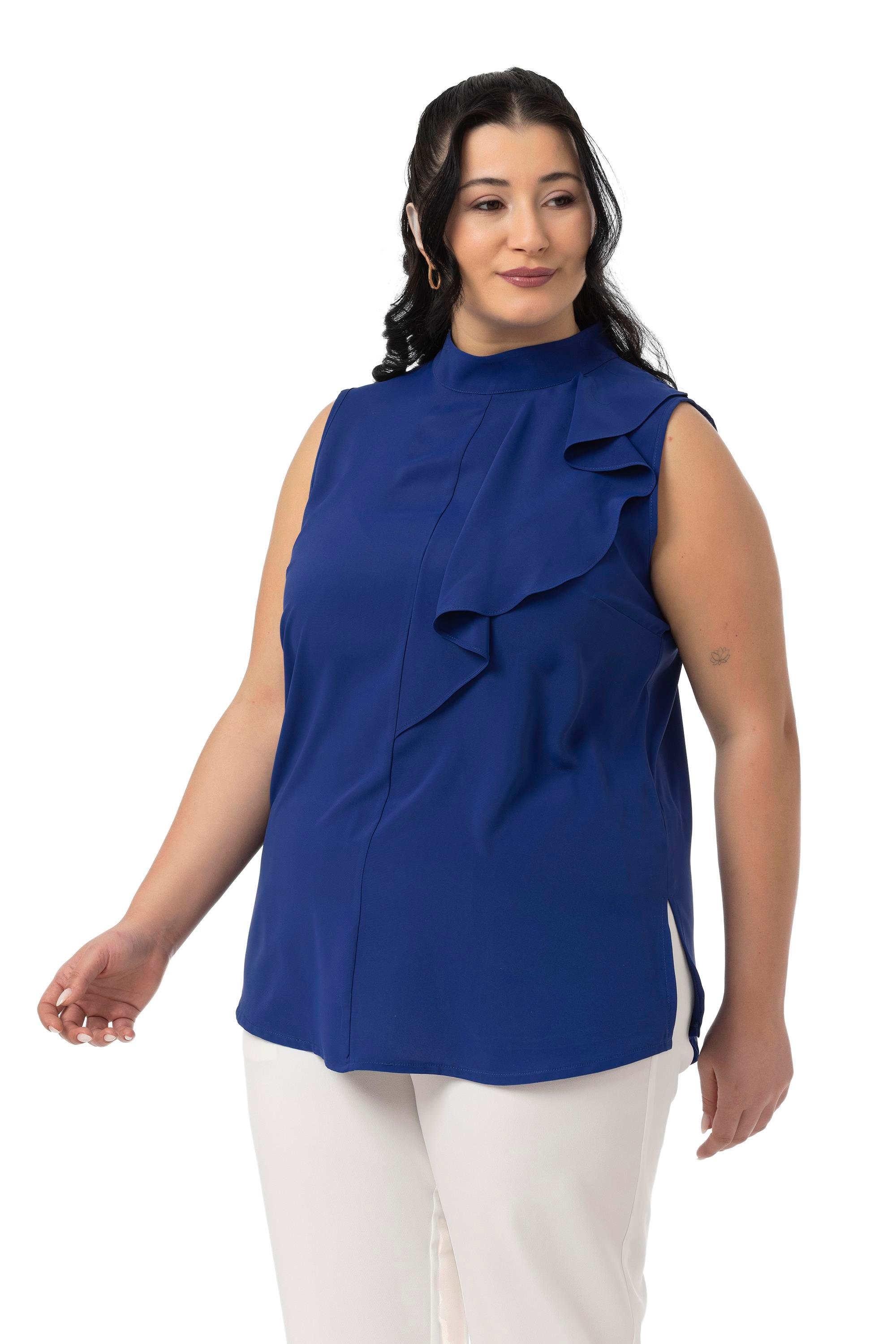 Büyük Beden Yarım Dik Yaka Asimetrik Volanlı Kolsuz Saks Mavi Bluz