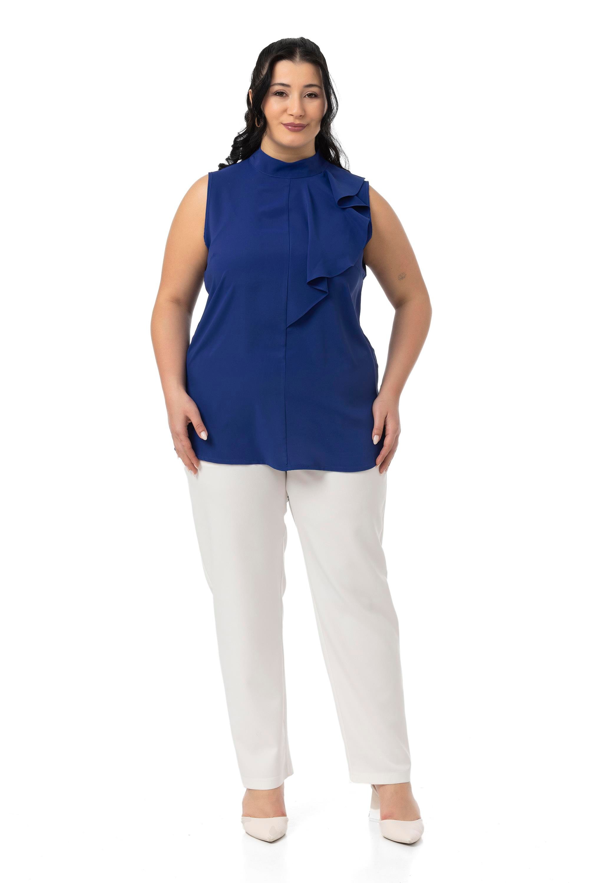 Büyük Beden Yarım Dik Yaka Asimetrik Volanlı Kolsuz Saks Mavi Bluz