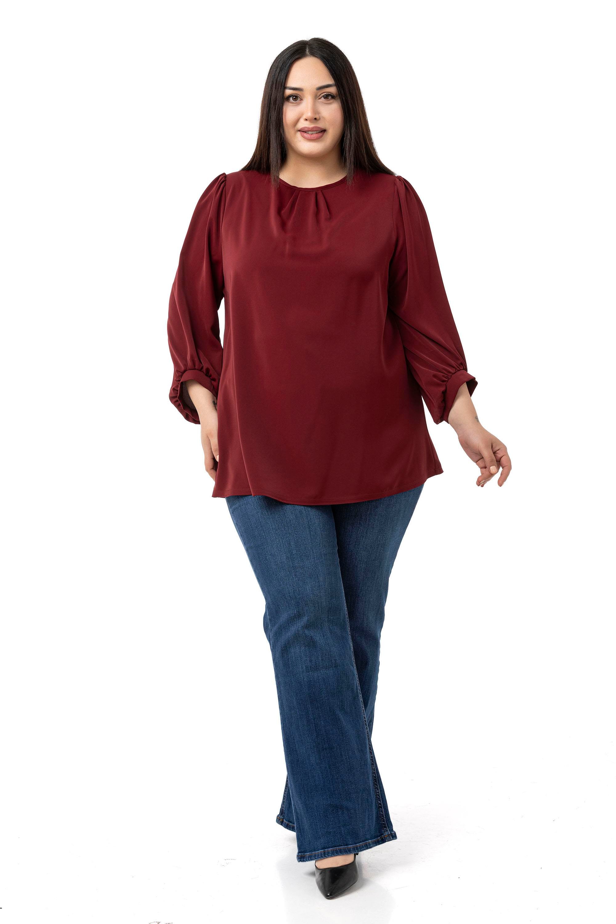 Büyük Beden Yuvarlak Yaka Truvakar Büzgülü Kollu Rahat Kesim Bordo Bluz