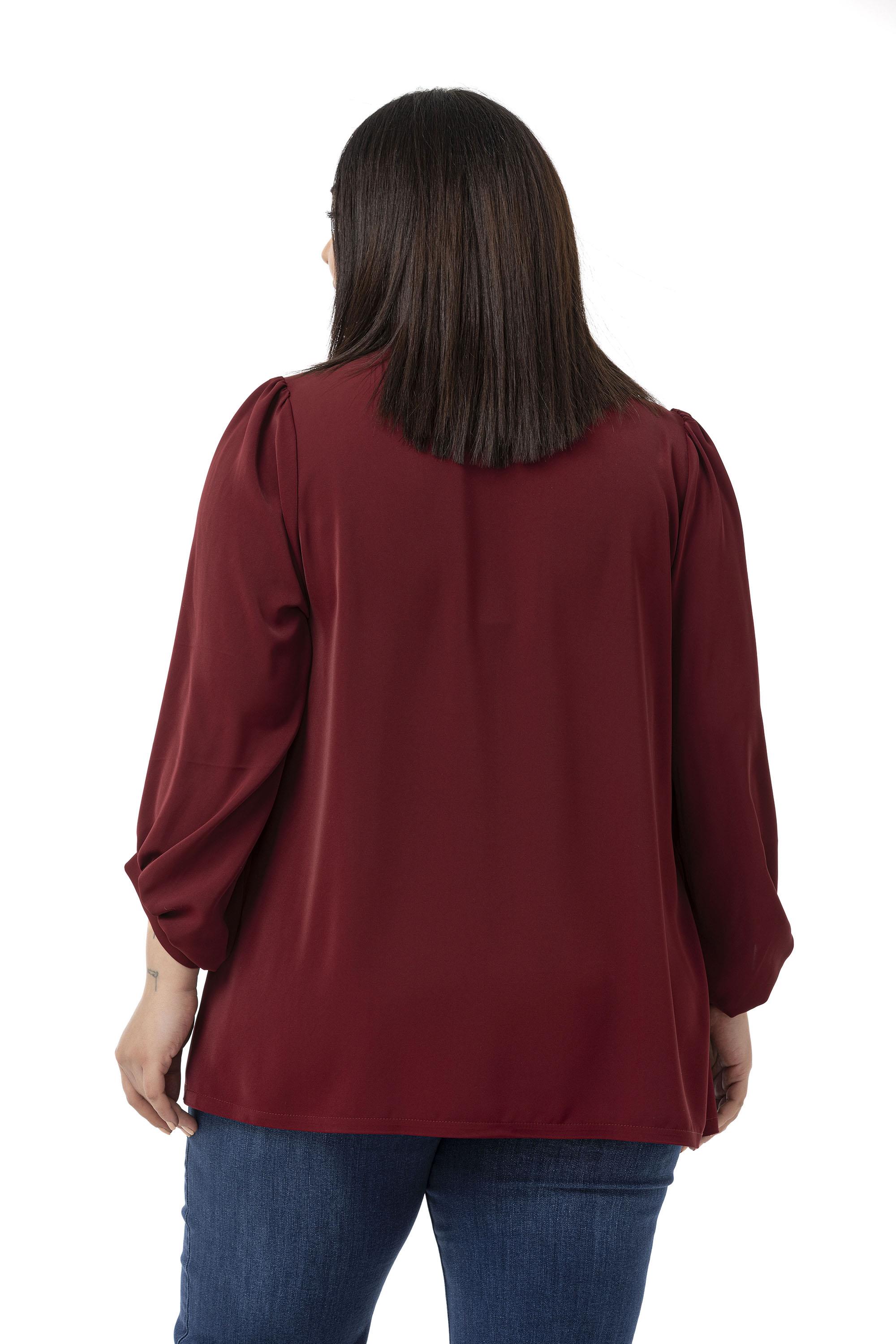 Büyük Beden Yuvarlak Yaka Truvakar Büzgülü Kollu Rahat Kesim Bordo Bluz