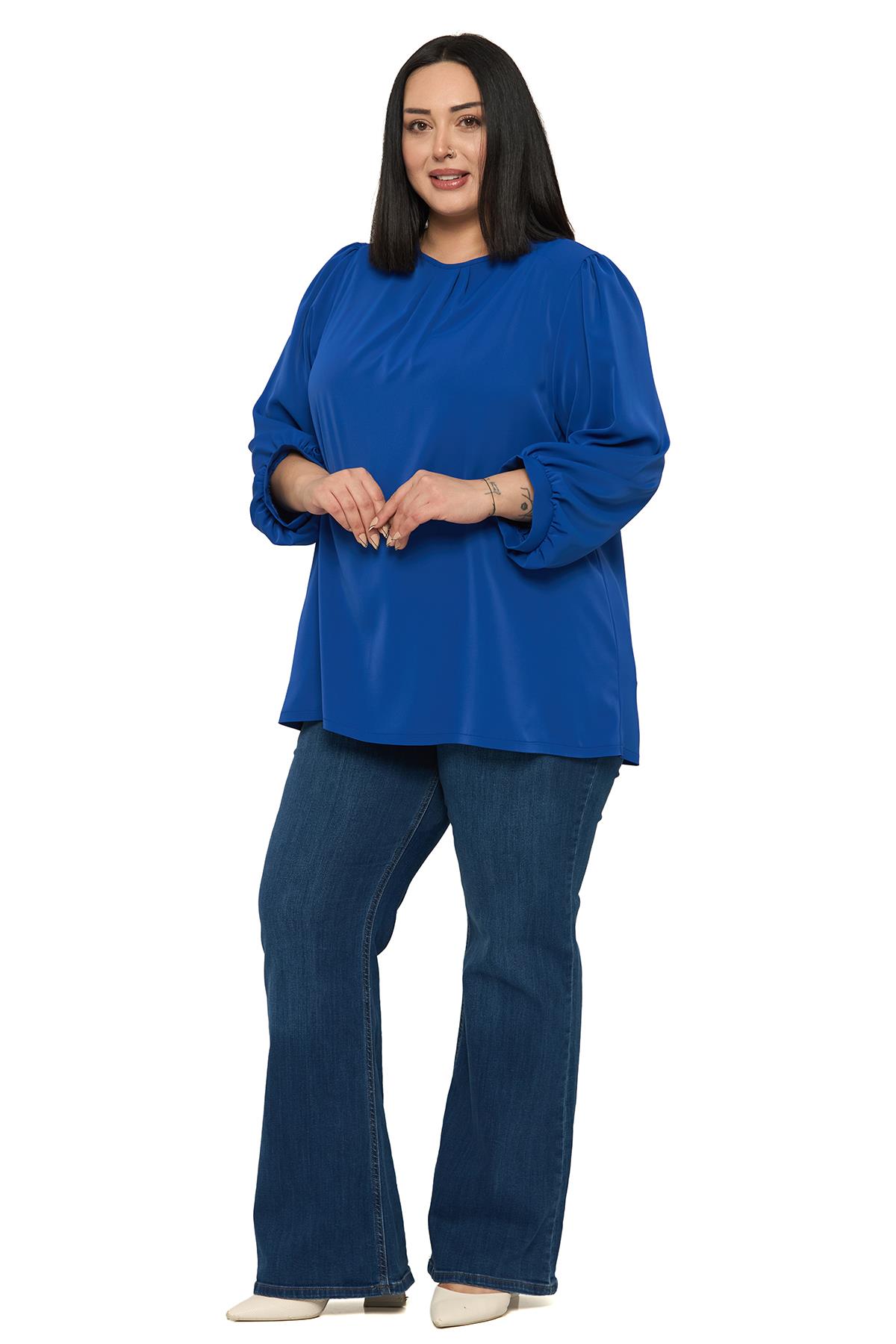 Büyük Beden Yuvarlak Yaka Truvakar Büzgülü Kollu Rahat Kesim Saks Mavisi Bluz