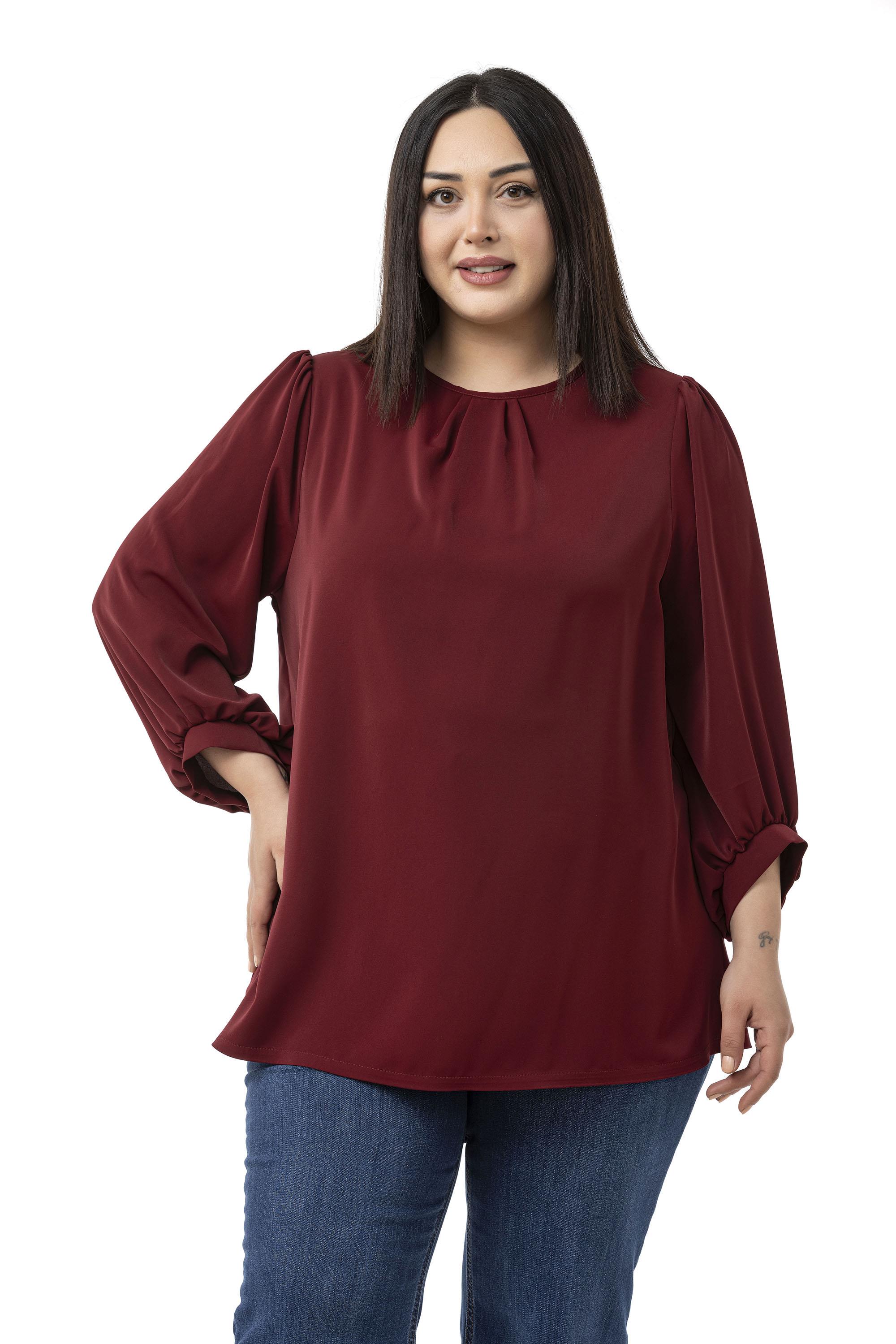 Büyük Beden Yuvarlak Yaka Truvakar Büzgülü Kollu Rahat Kesim Bordo Bluz