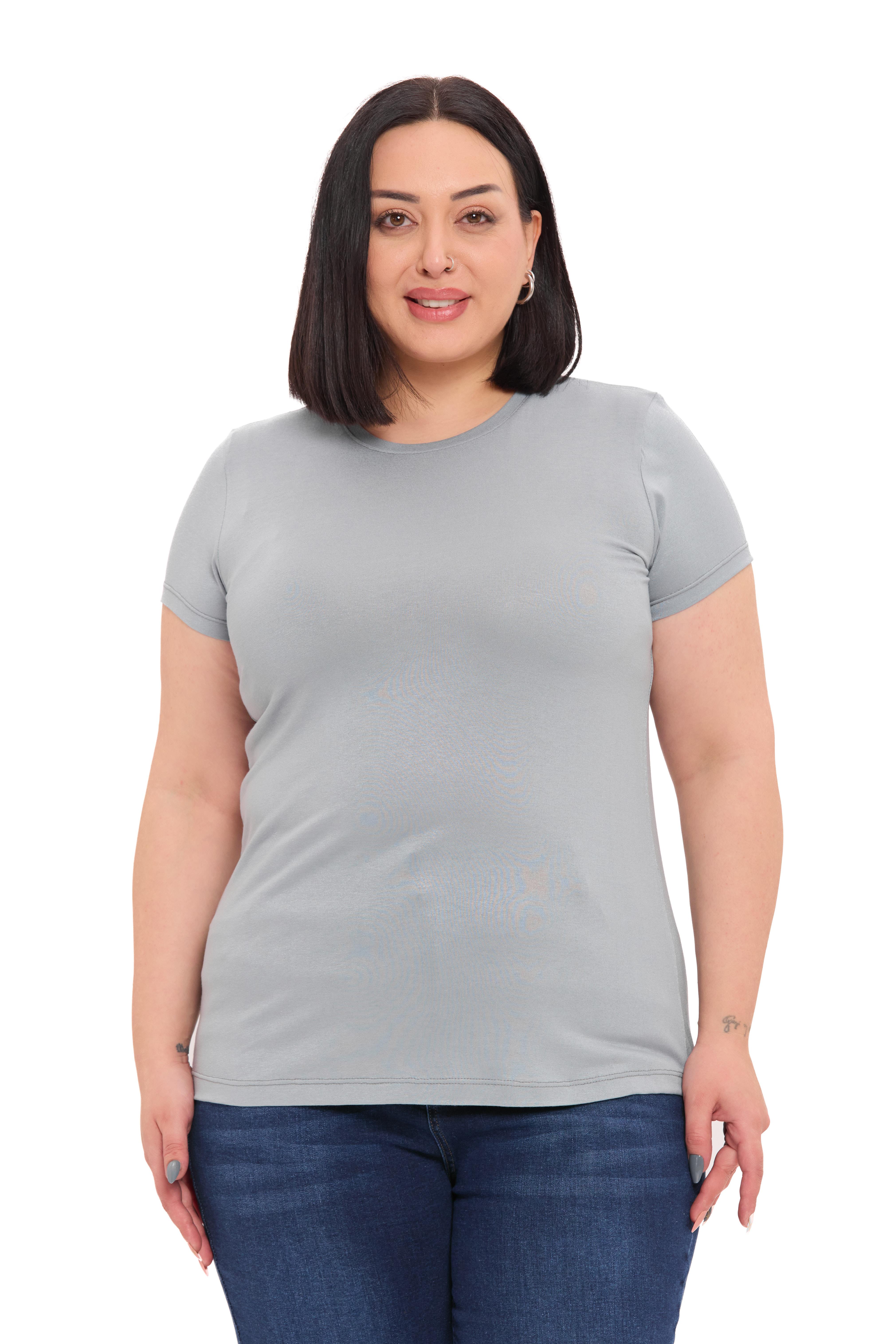 Büyük Beden Bisiklet Yaka Kısa Kollu Viskon Açık Gri Body