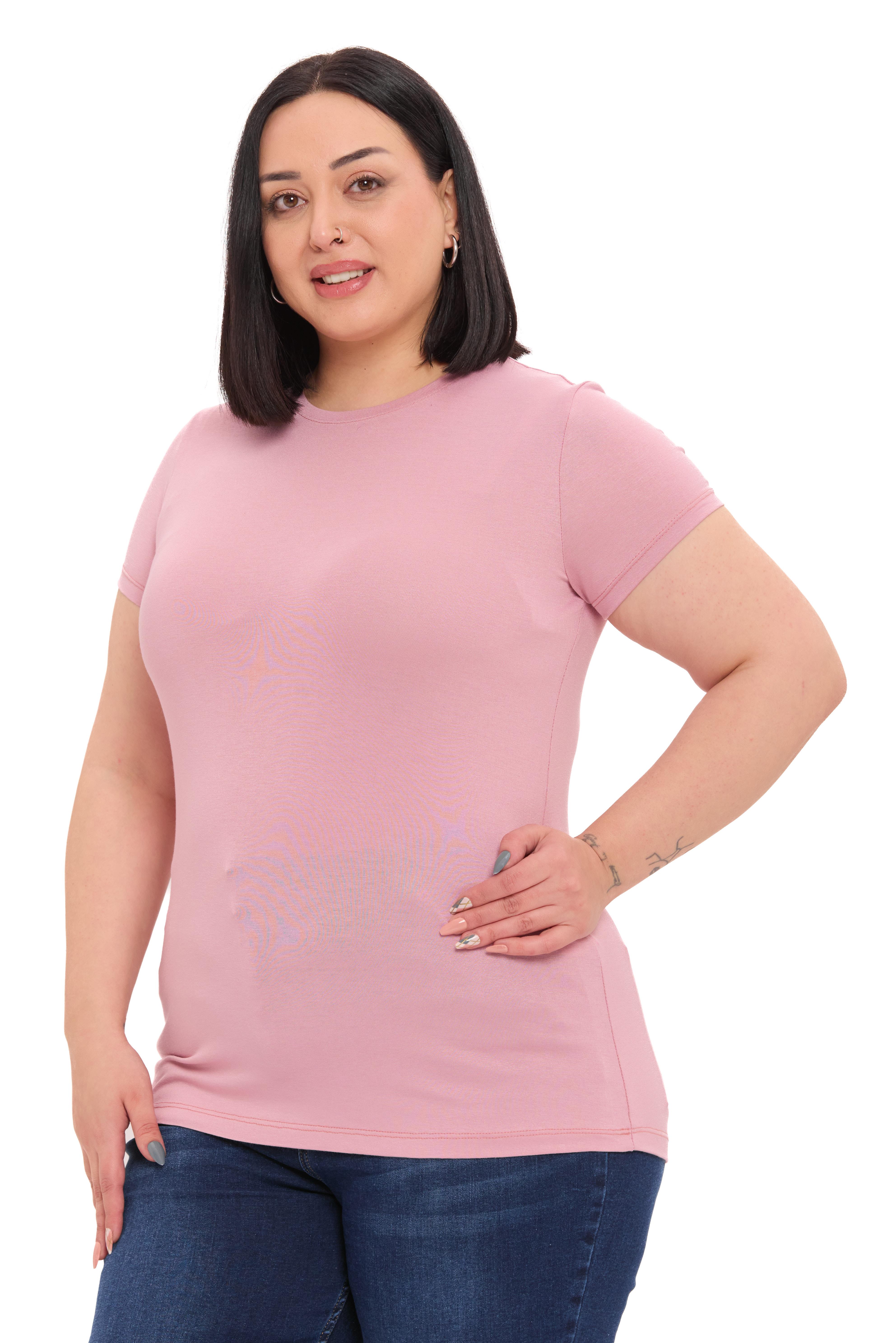 Büyük Beden Bisiklet Yaka Kısa Kollu Viskon Pembe Body