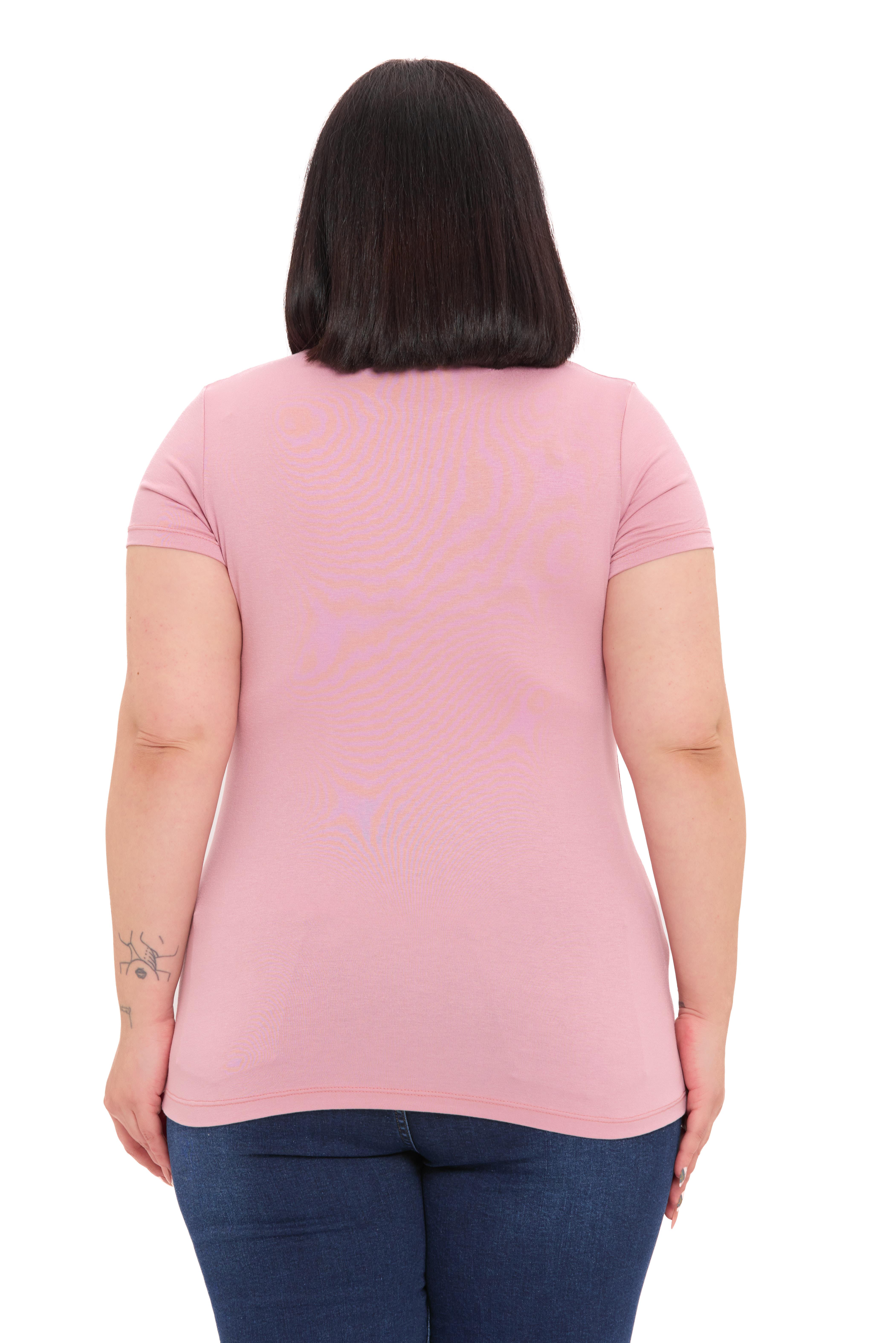 Büyük Beden Bisiklet Yaka Kısa Kollu Viskon Pembe Body