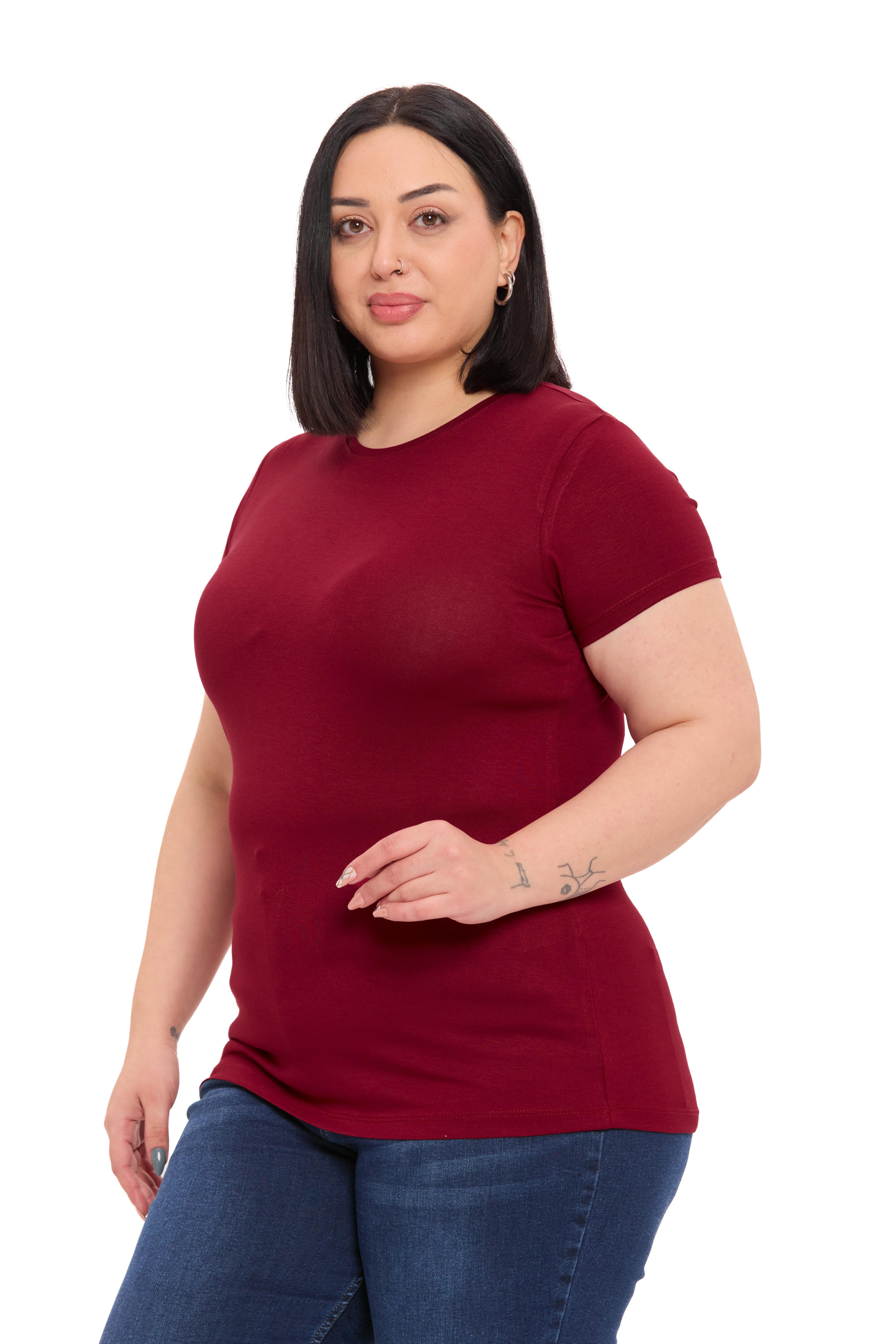 Büyük Beden Bisiklet Yaka Kısa Kollu Viskon Bordo Body
