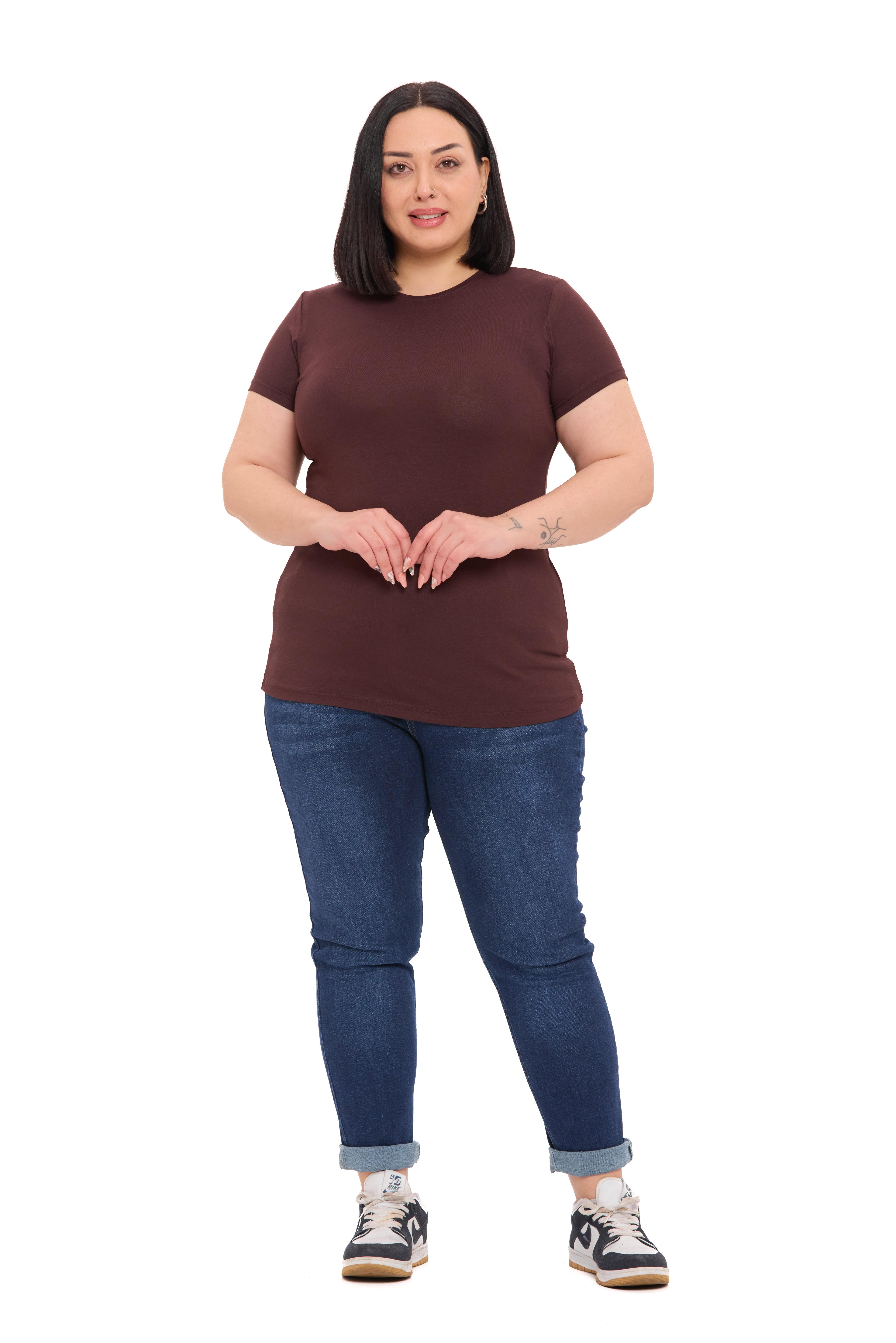 Büyük Beden Bisiklet Yaka Kısa Kollu Viskon Kahverengi Body