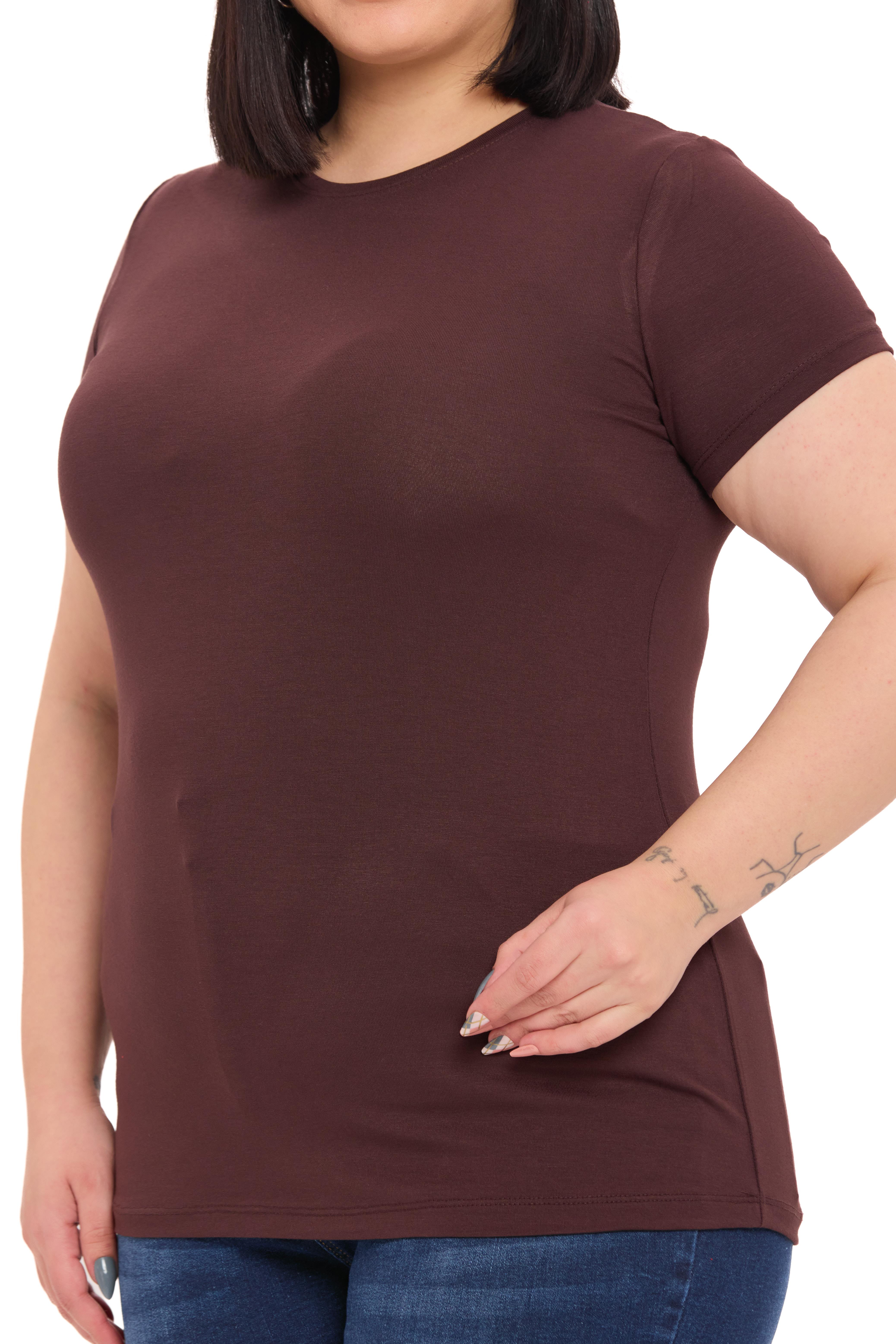 Büyük Beden Bisiklet Yaka Kısa Kollu Viskon Kahverengi Body