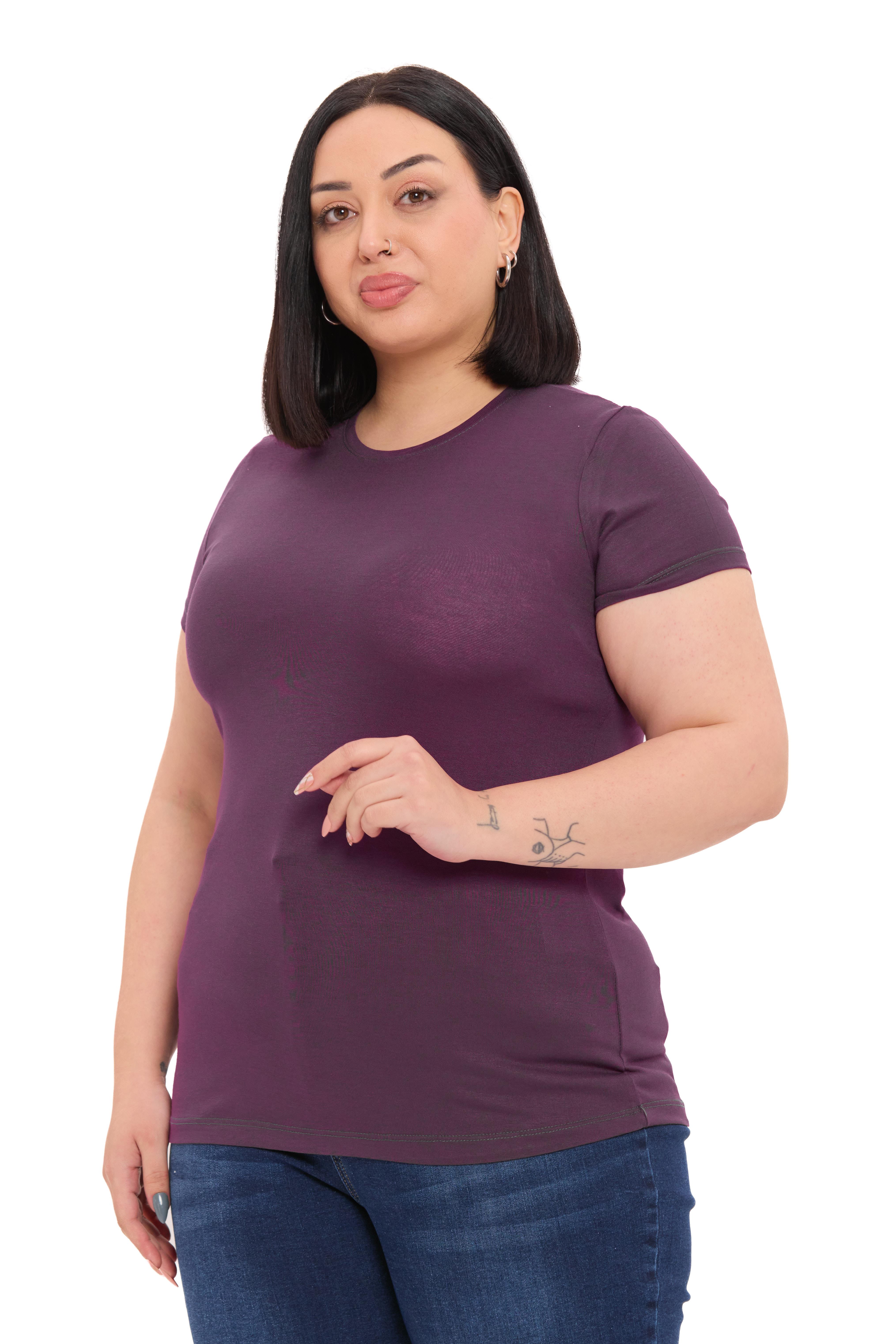 Büyük Beden Bisiklet Yaka Kısa Kollu Viskon Mürdüm Body