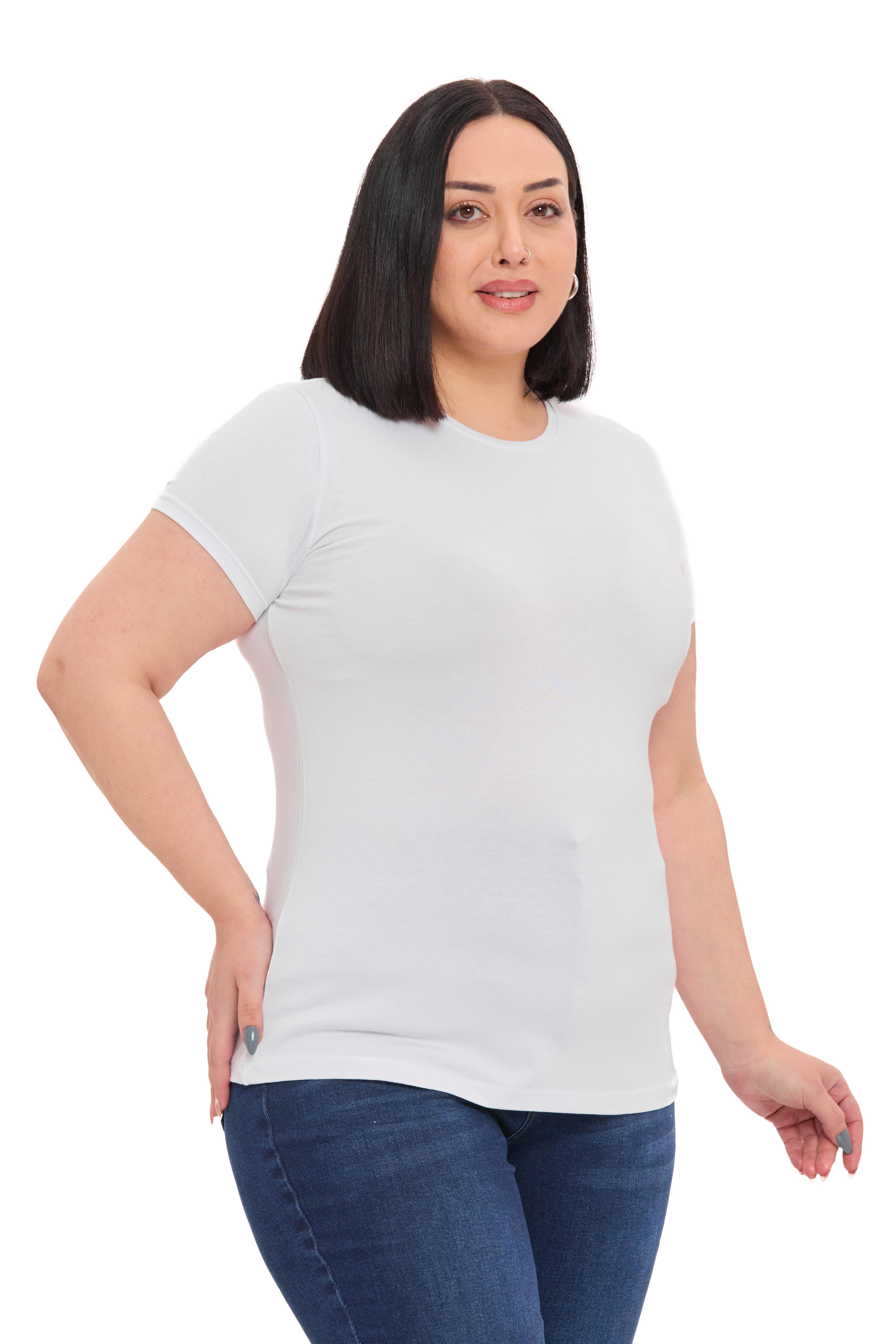 Büyük Beden Bisiklet Yaka Kısa Kollu Viskon Beyaz Body