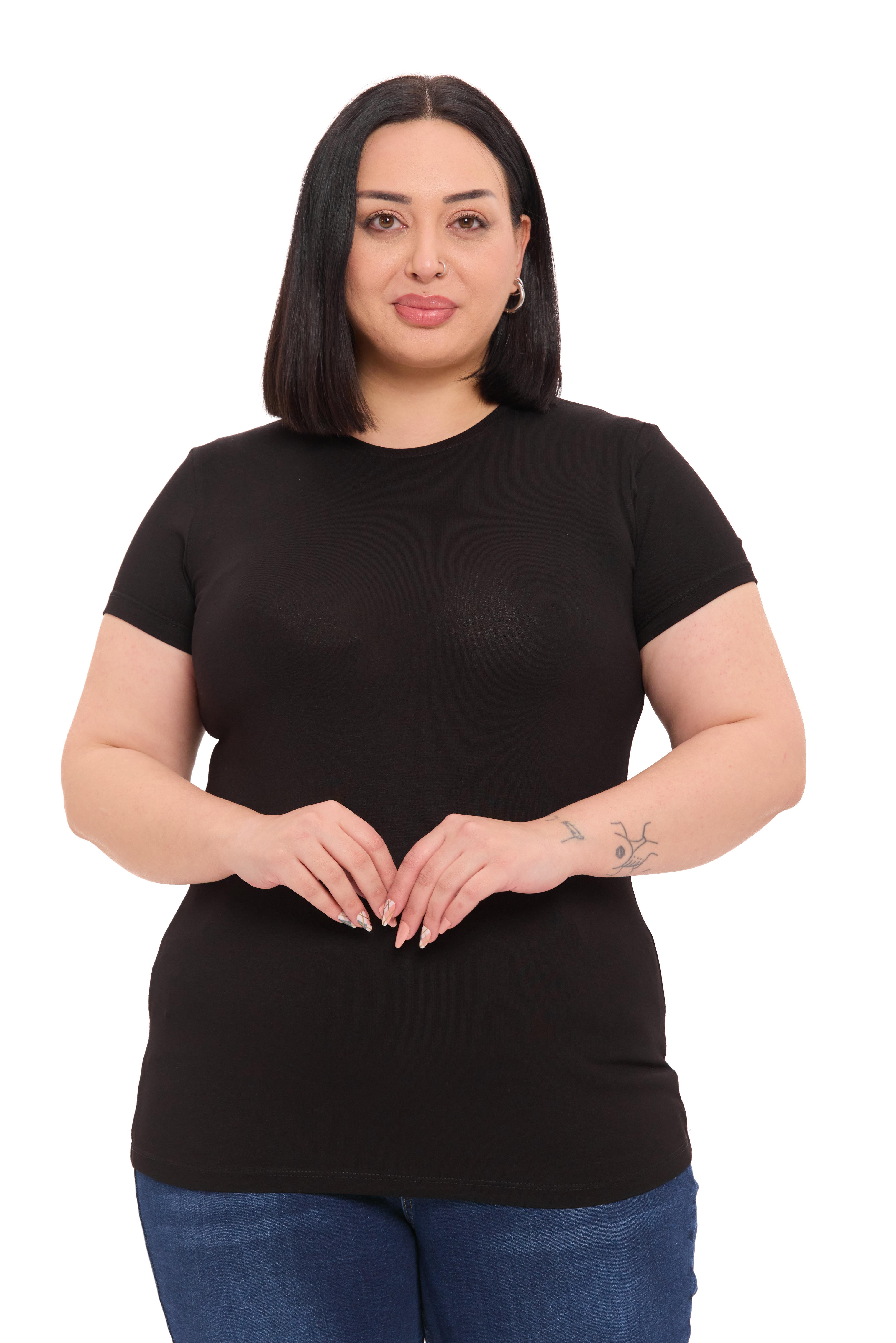 Büyük Beden Bisiklet Yaka Kısa Kollu Viskon Siyah Body