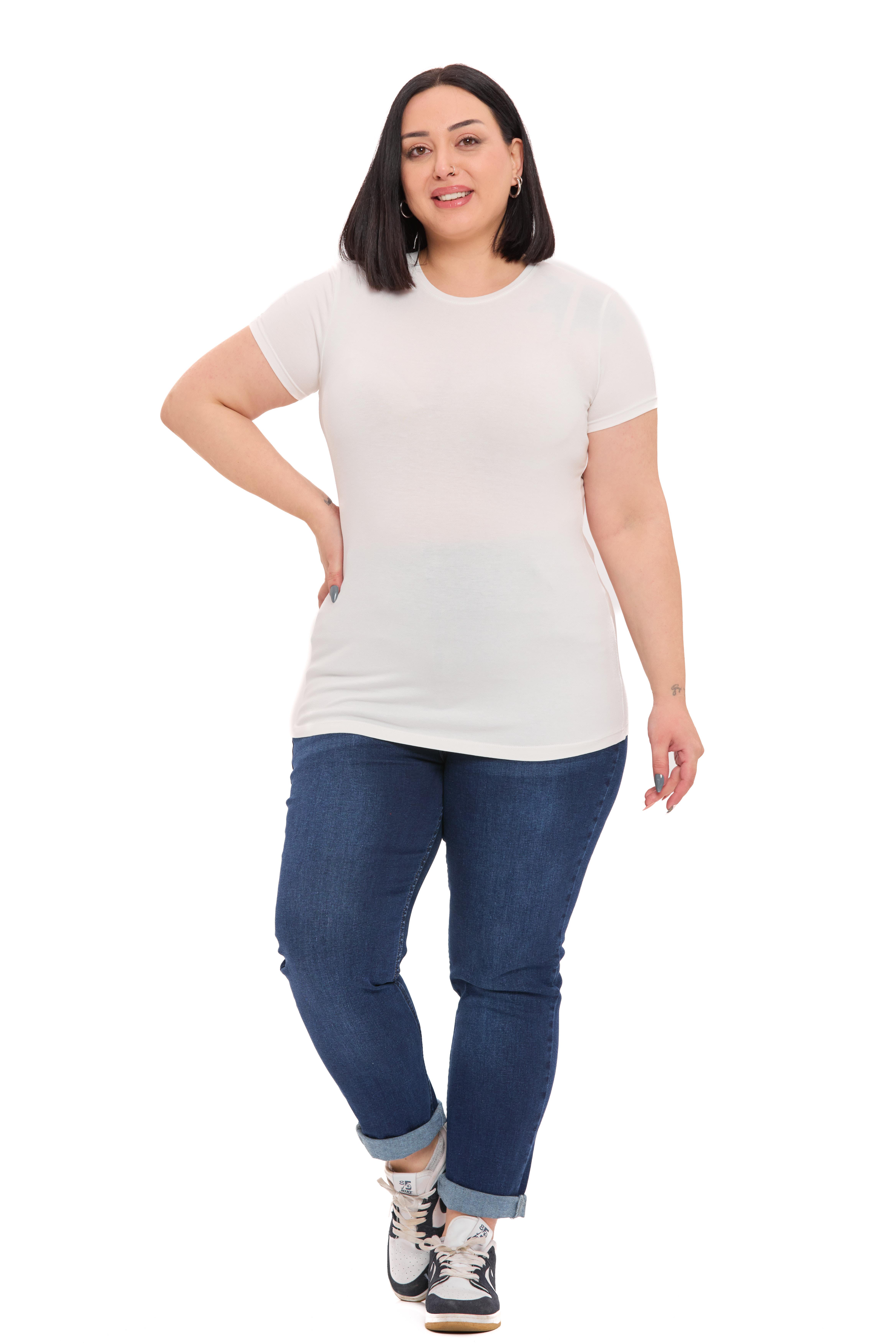 Büyük Beden Bisiklet Yaka Kısa Kollu Viskon Ekru Body