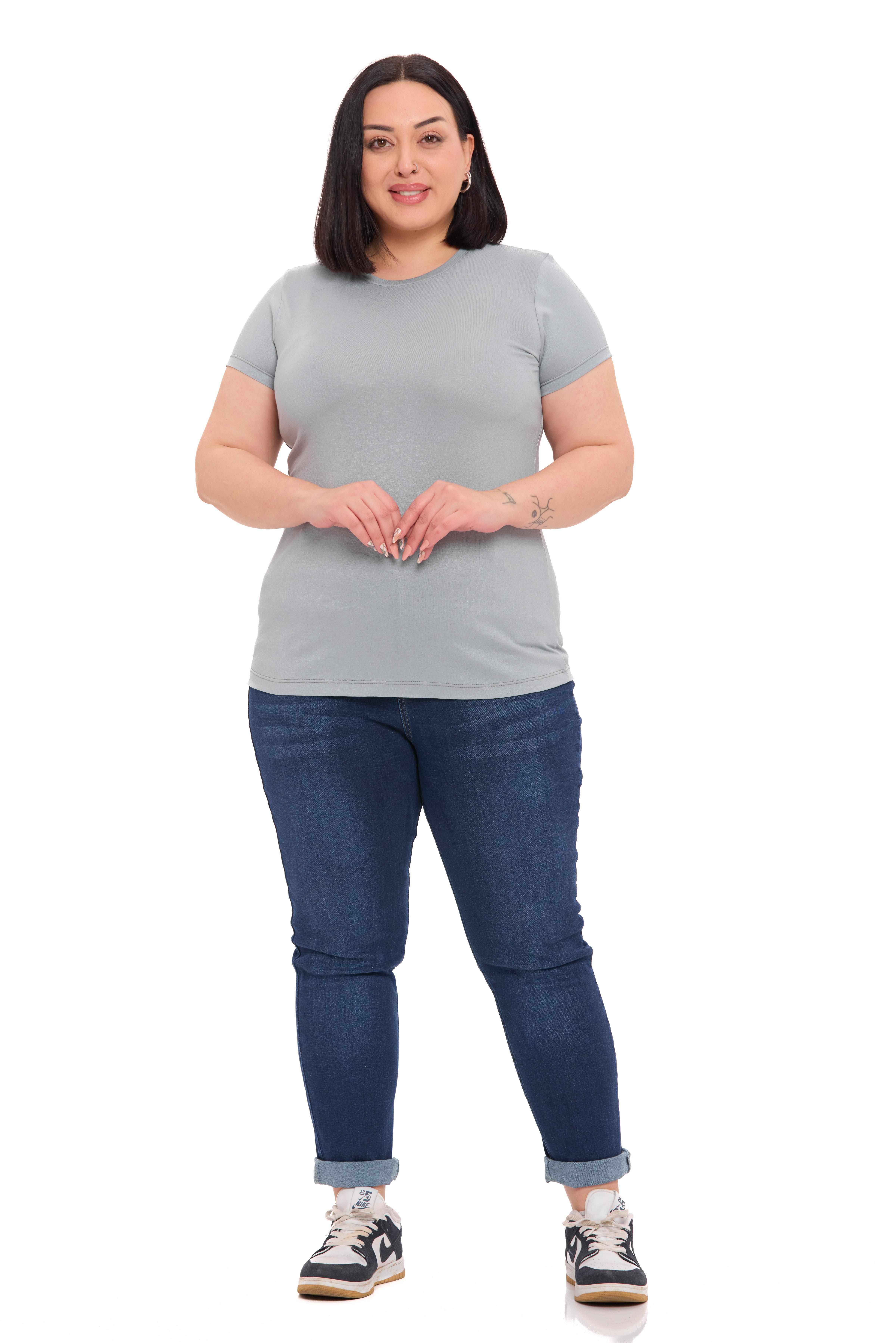 Büyük Beden Bisiklet Yaka Kısa Kollu Viskon Açık Gri Body